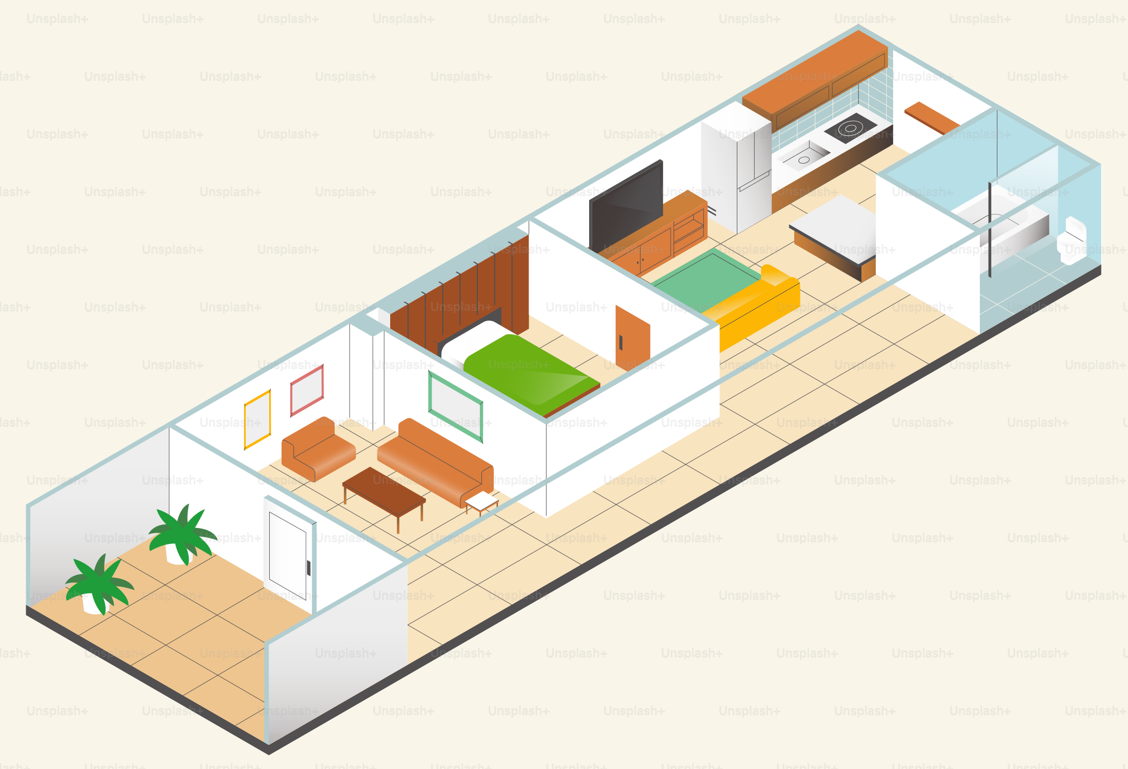 Isometric view of a modern apartment floor plan