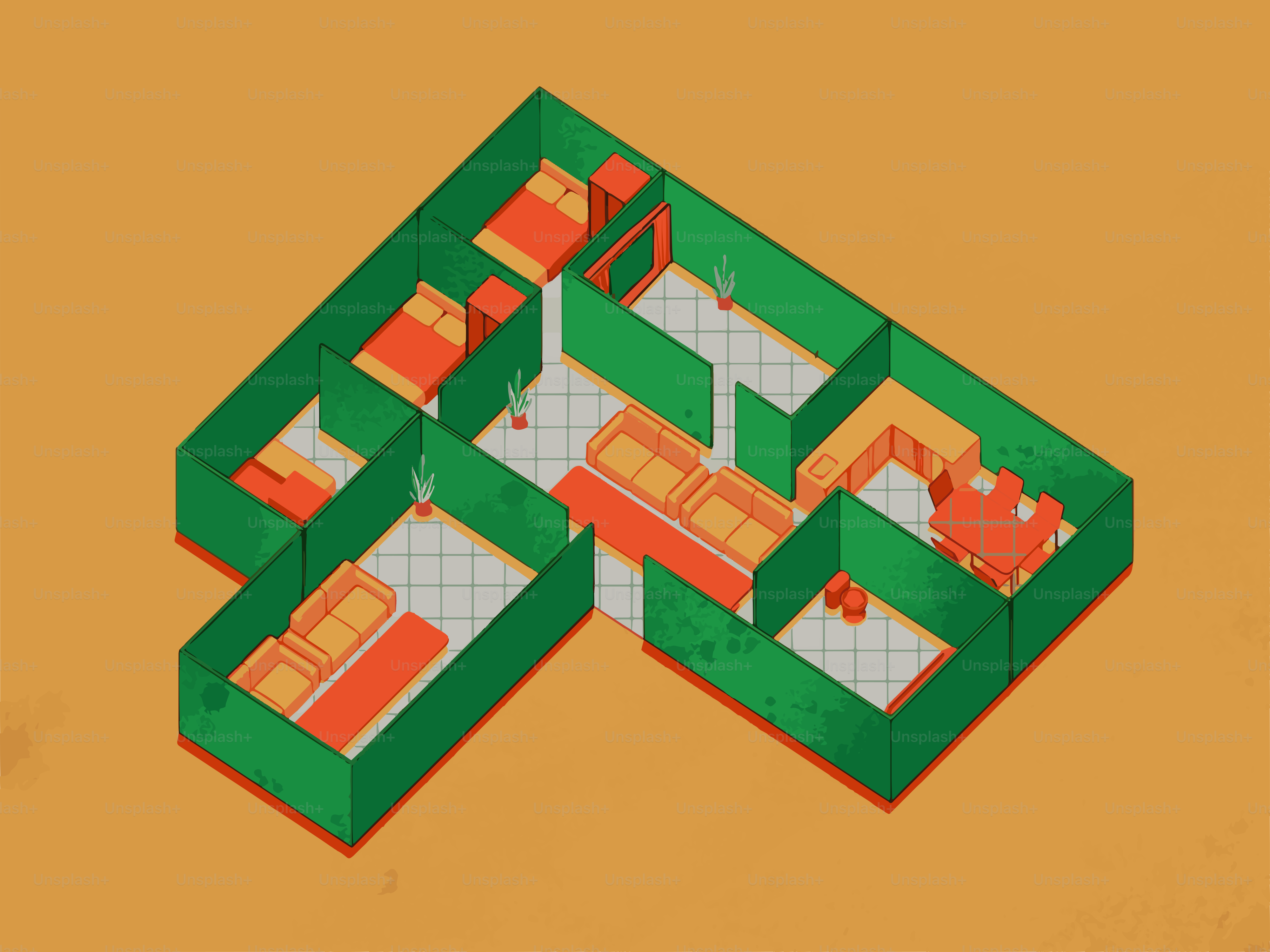 Isometric view of a colorful apartment floor plan