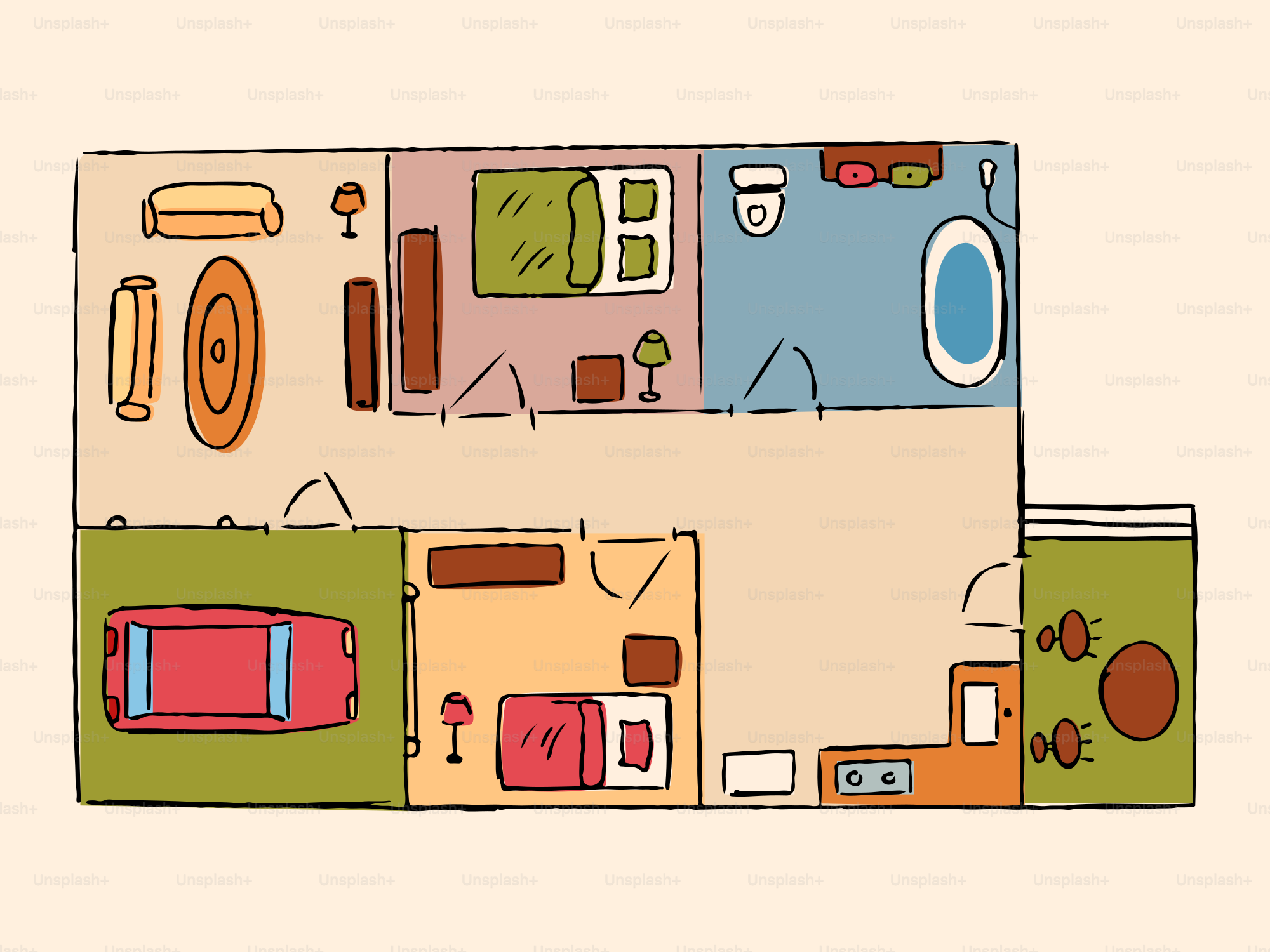 カラフルなカートゥーン風の家の間取り図