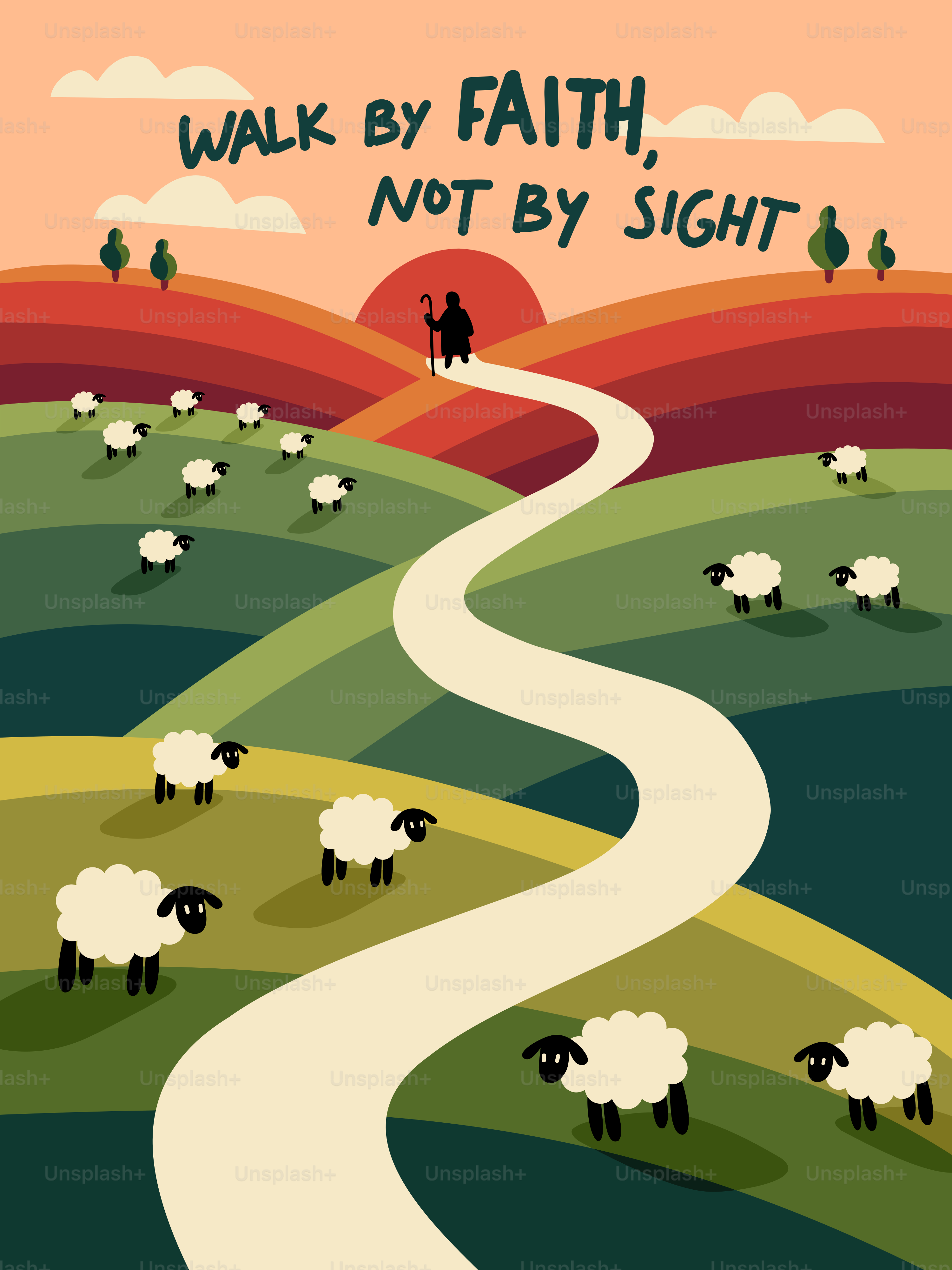 Shepherd leading sheep on a winding path at sunset.