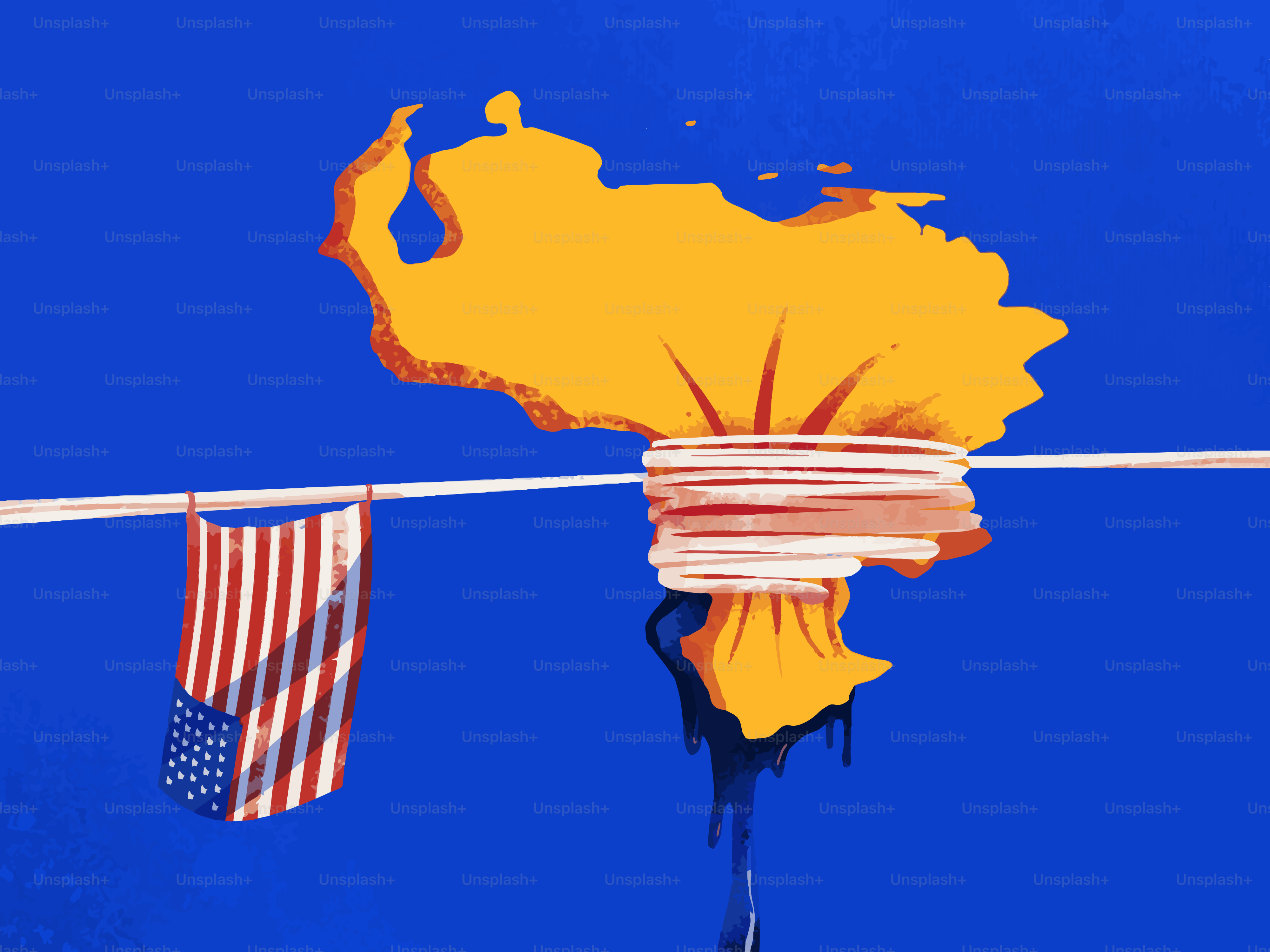 Mappa del Venezuela legata con una corda, la bandiera americana è appesa