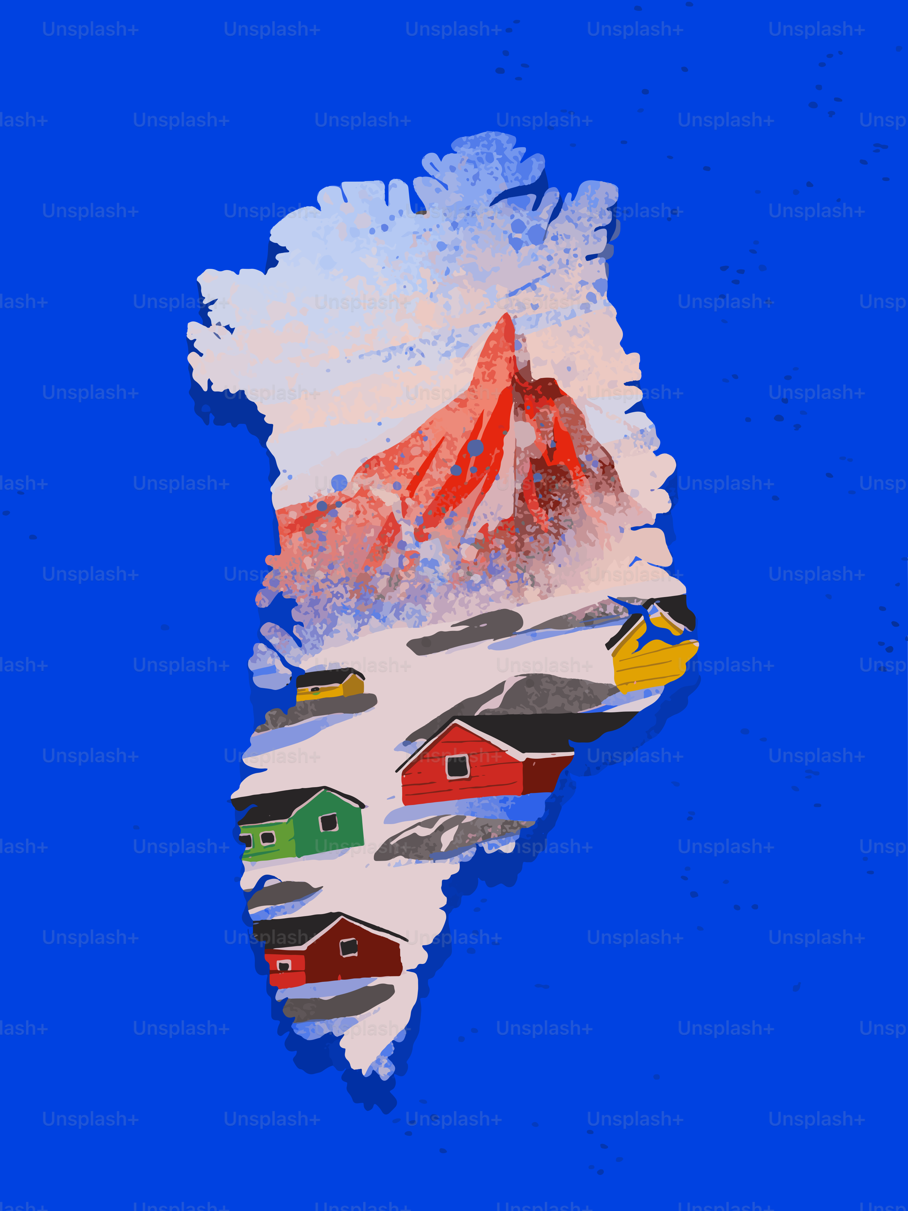 Greenland map filled with colorful houses and mountains.