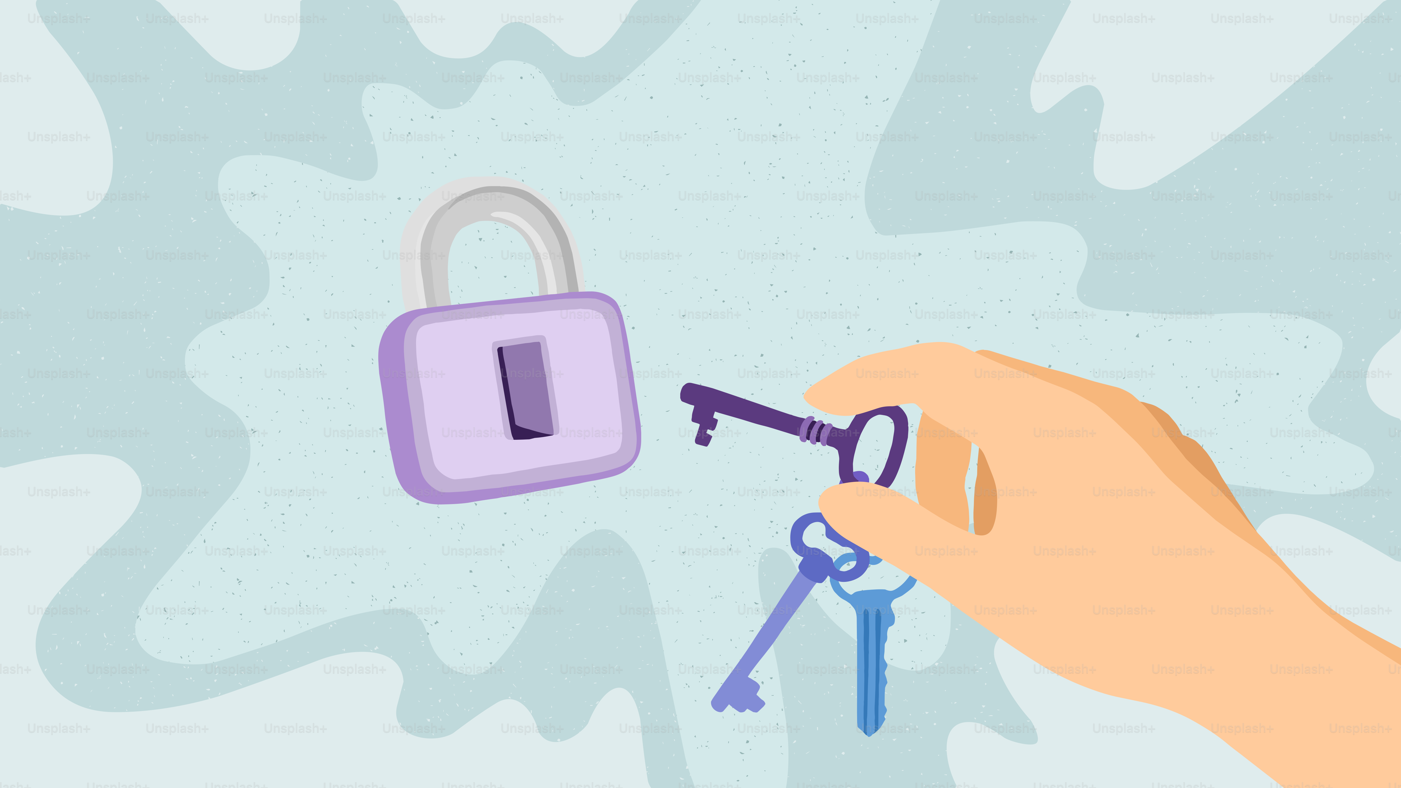 Hand holding keys near a purple padlock