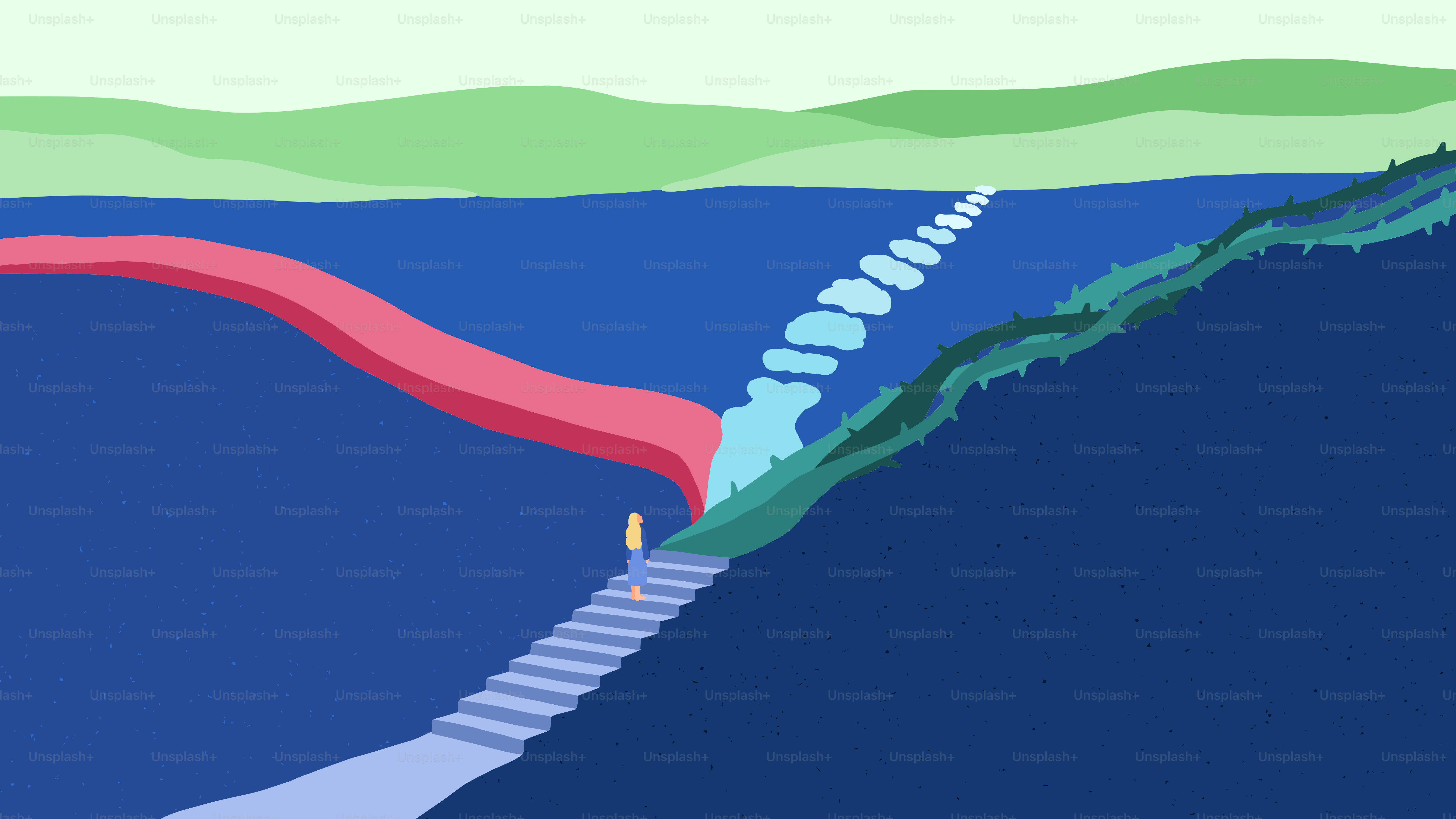 Una persona sube las escaleras hacia un camino que se desvía.