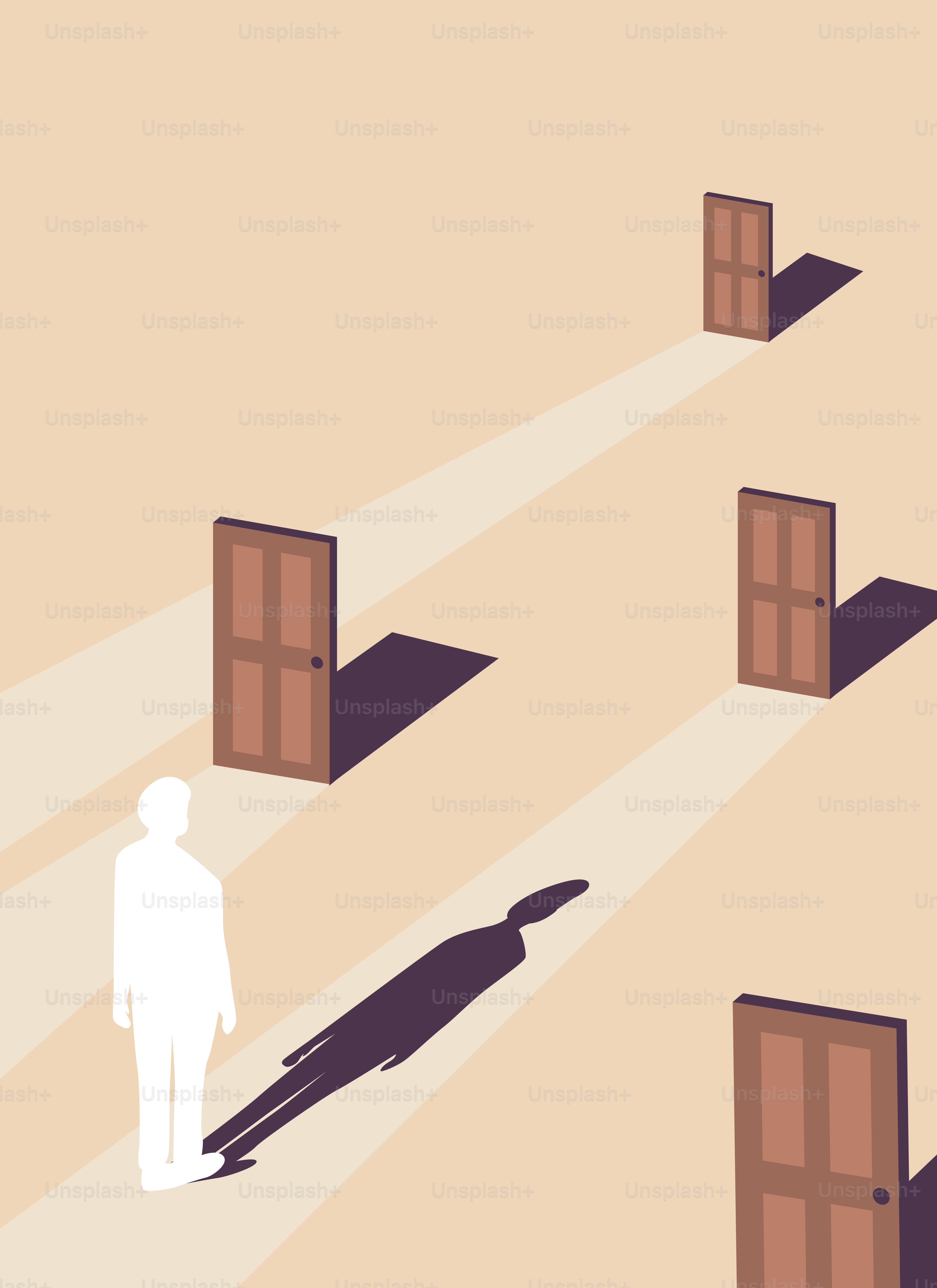 Un homme se tient devant plusieurs portes ouvertes projetant de longues ombres.