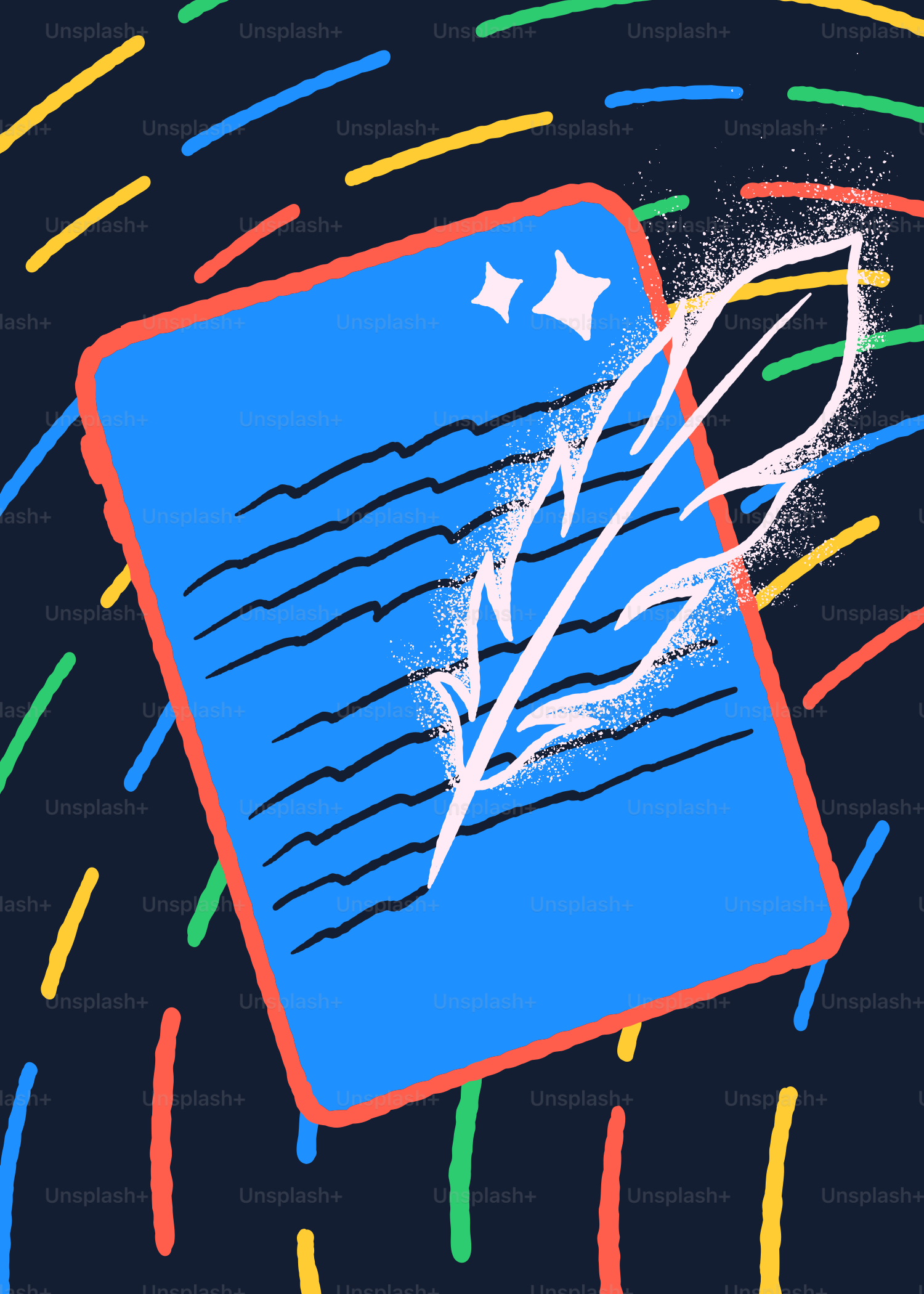 A blue tablet with a quill pen drawing on it.