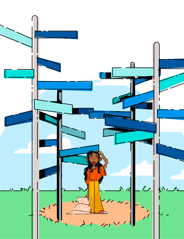 A person stands at a crossroads with many signs.