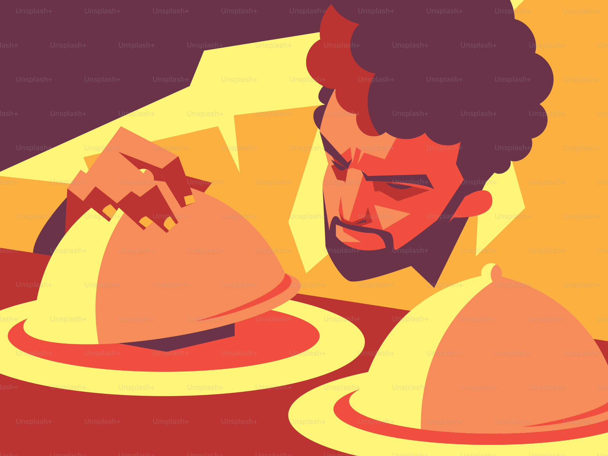 Mann, der eine Cloche über einem Teller Essen öffnet