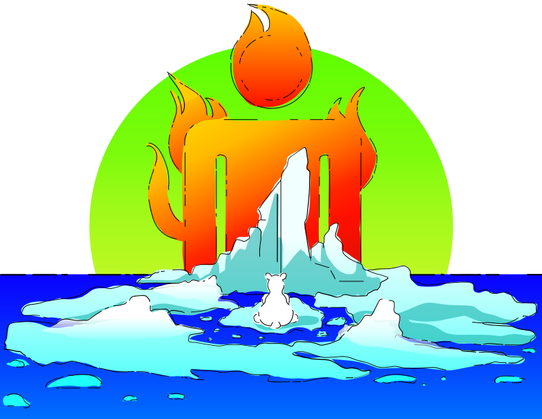 Orsi polari su iceberg con una struttura infuocata dietro di loro