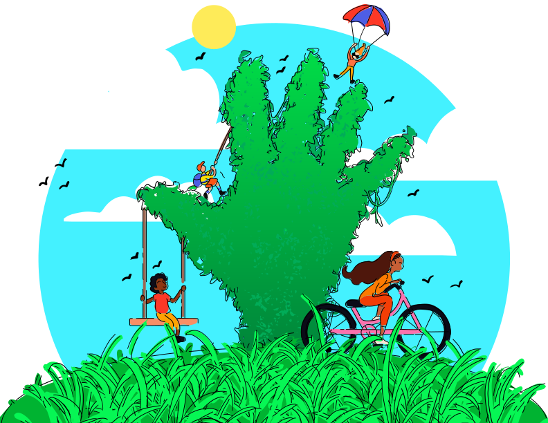 Des enfants profitant d’activités de plein air sur un arbre vert en forme de main.