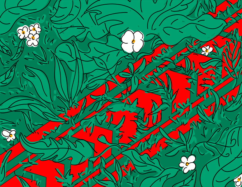 Feuillage vert avec fleurs blanches et rayures rouges