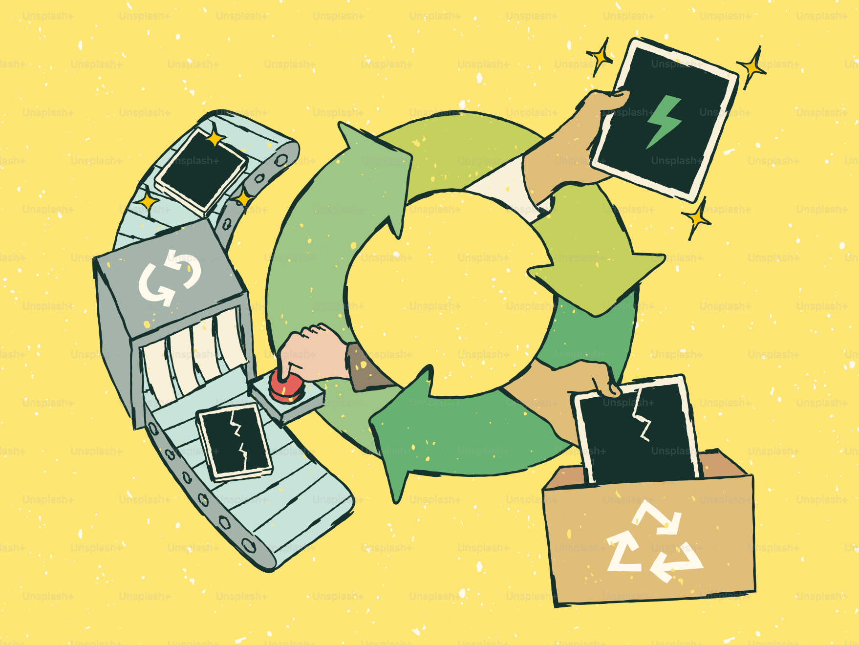 Le processus de recyclage des appareils électroniques est illustré dans un schéma circulaire.