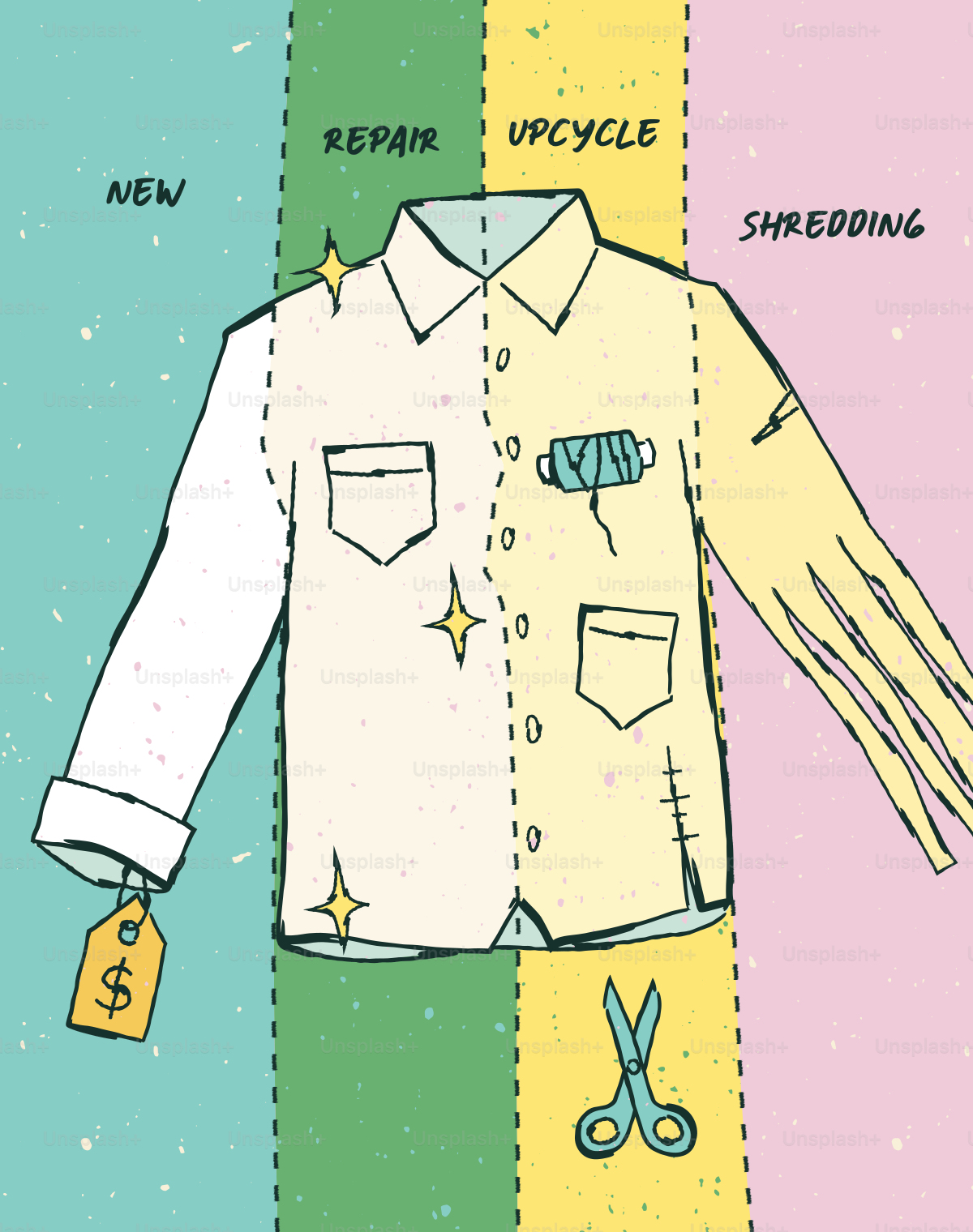 Shirt shown undergoing new, repair, upcycle, and shredding processes.