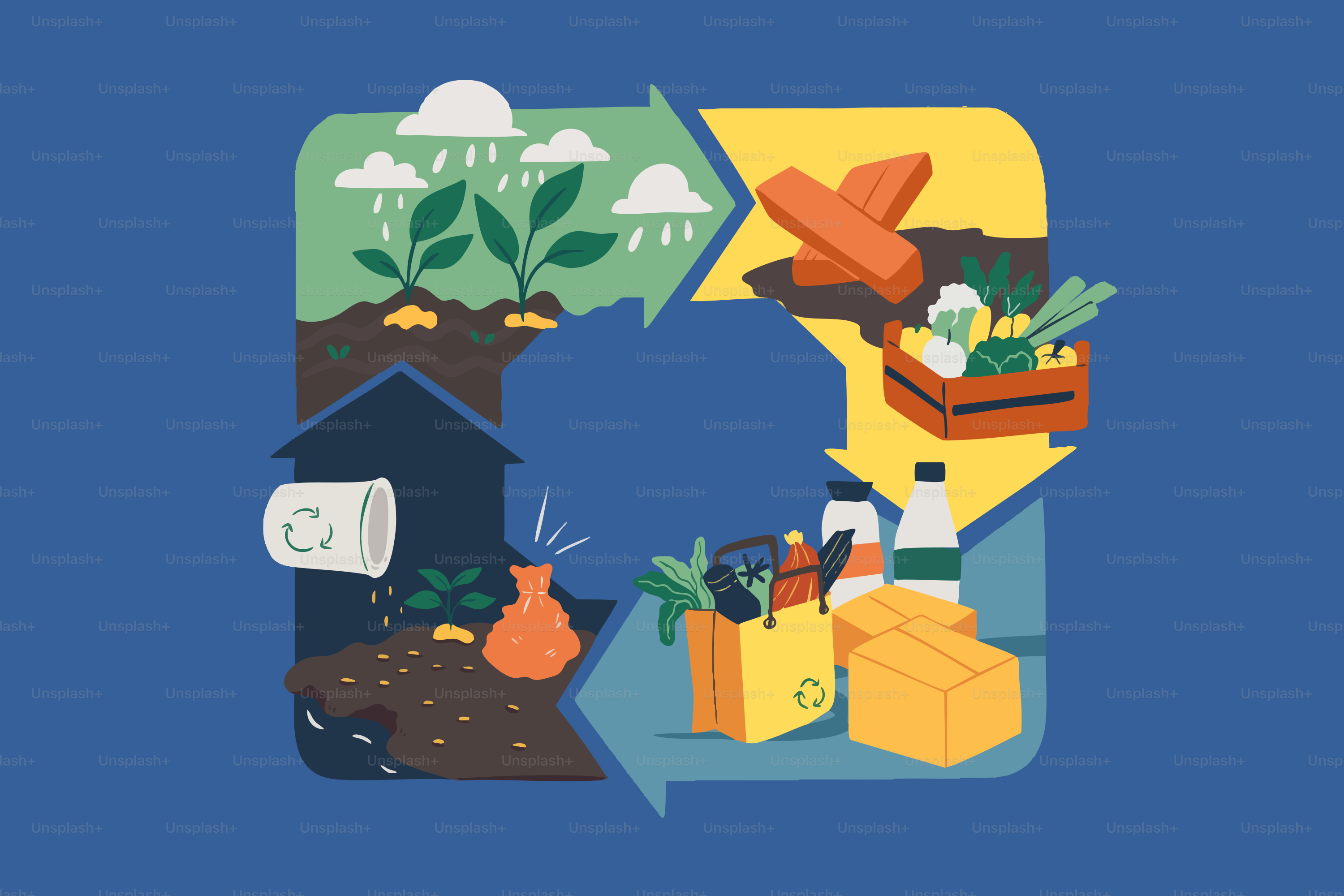 成長、収穫、消費を示す食品サイクルのイラスト。