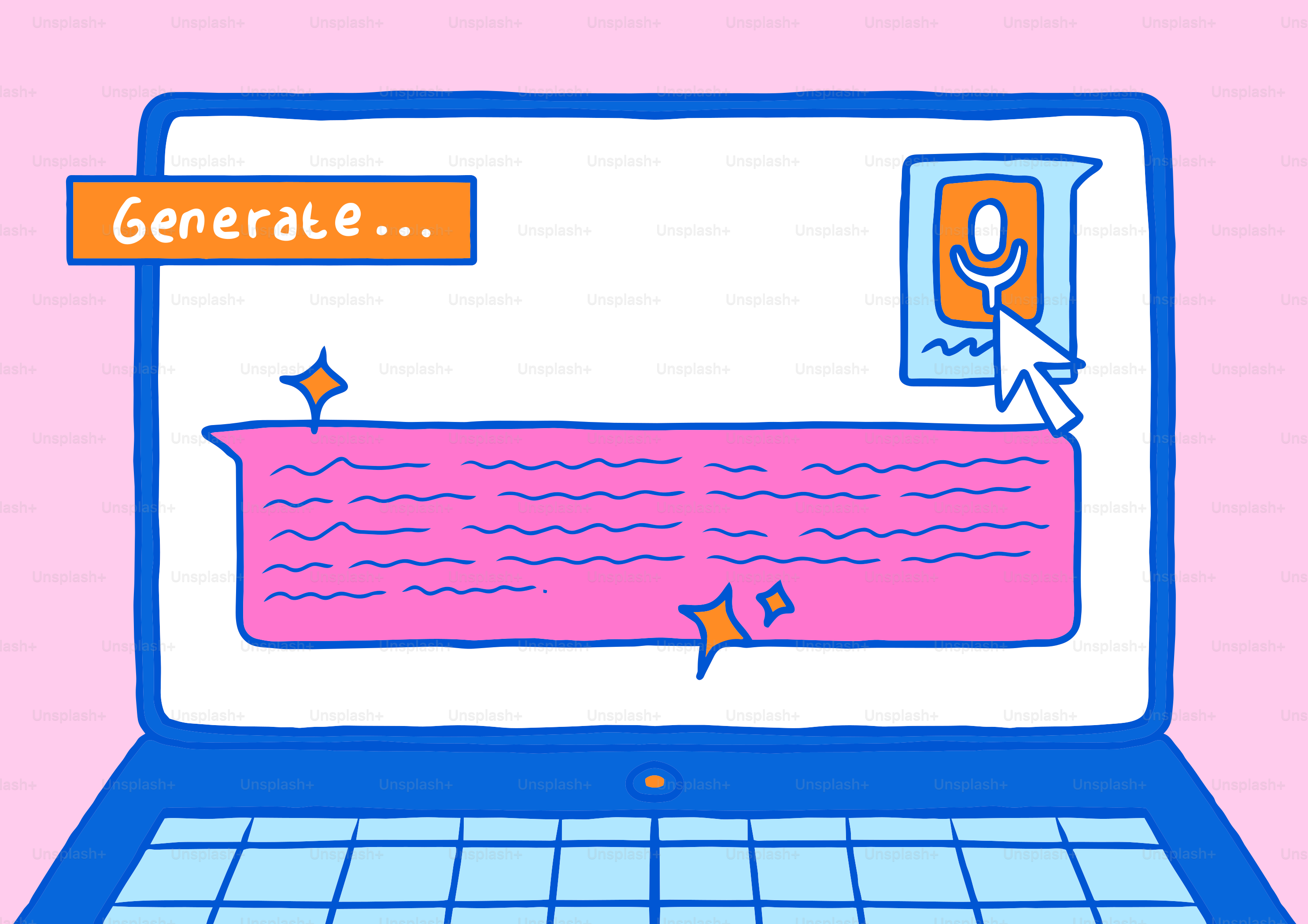 ノートパソコンの画面にチャットバブルが表示され、生成ボタンが表示されています。