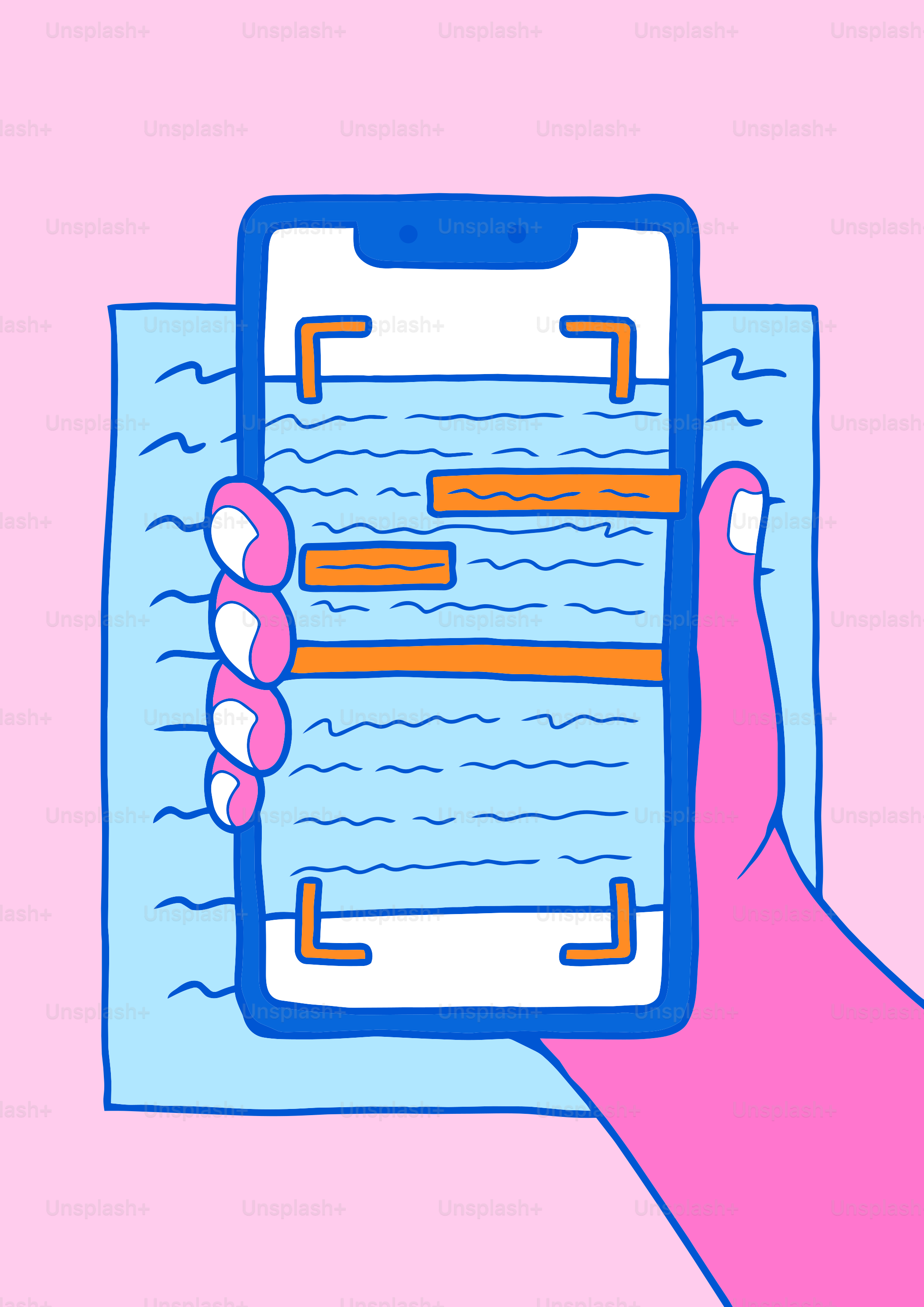 手持ちの電話が紙のテキストをスキャンしている