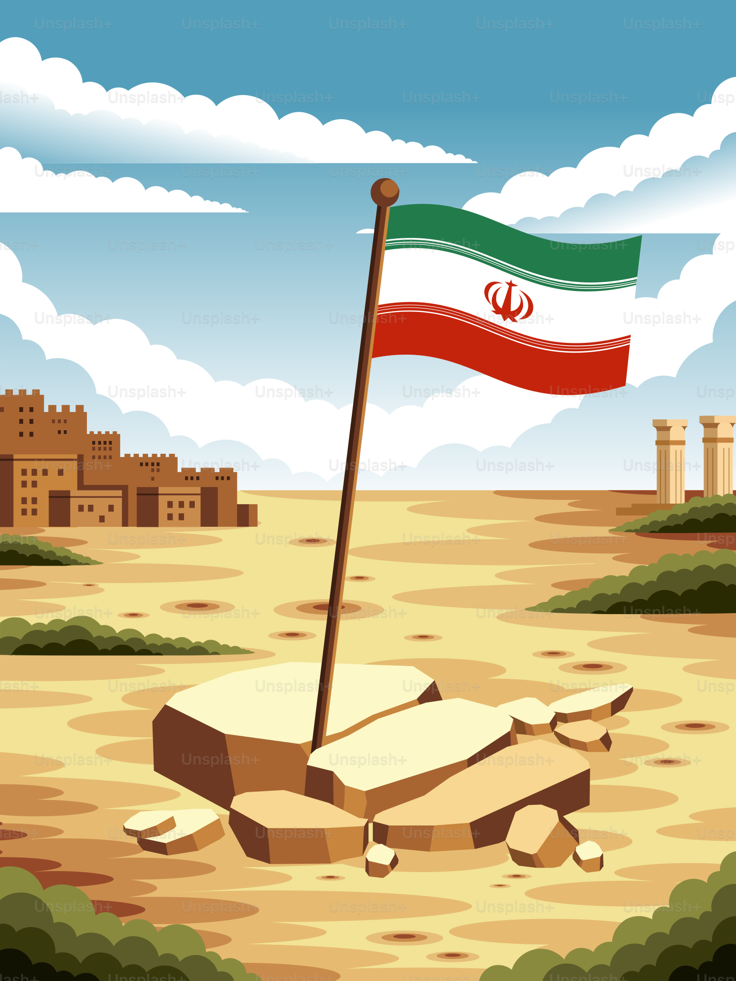 Iranian flag flying over arid landscape with ancient buildings.