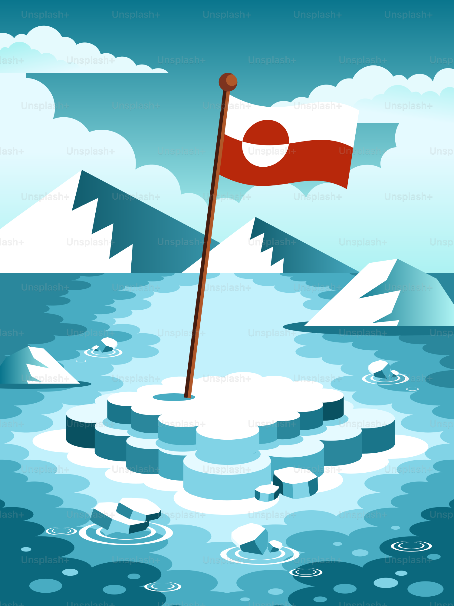 Bandera de Groenlandia ondeando sobre un iceberg en aguas árticas