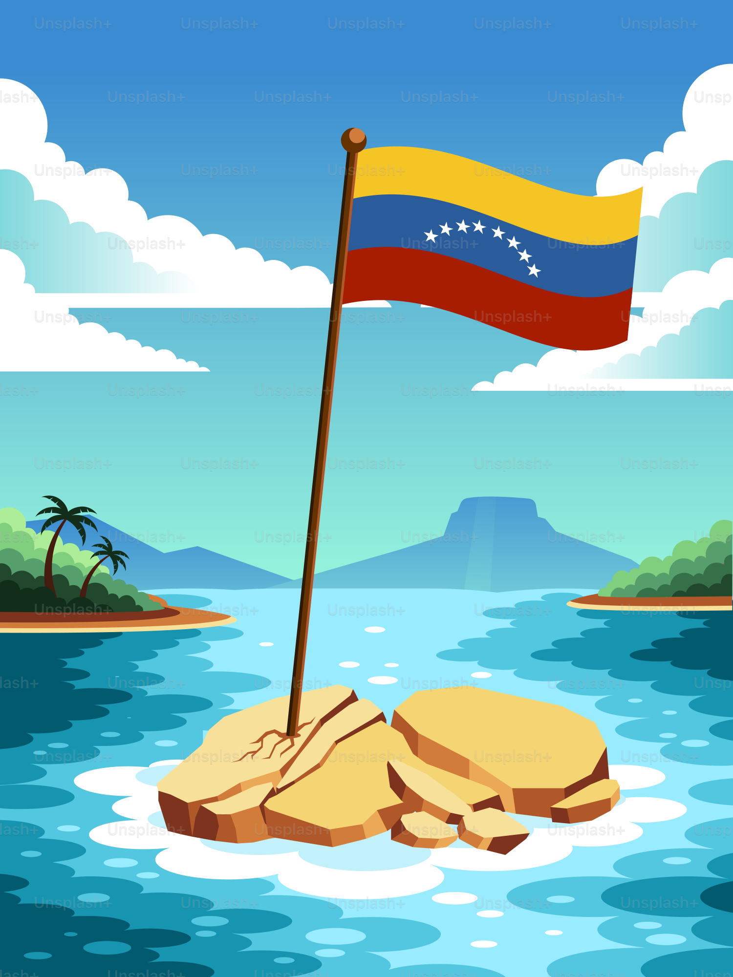 Bandera venezolana en una isla rocosa en el océano