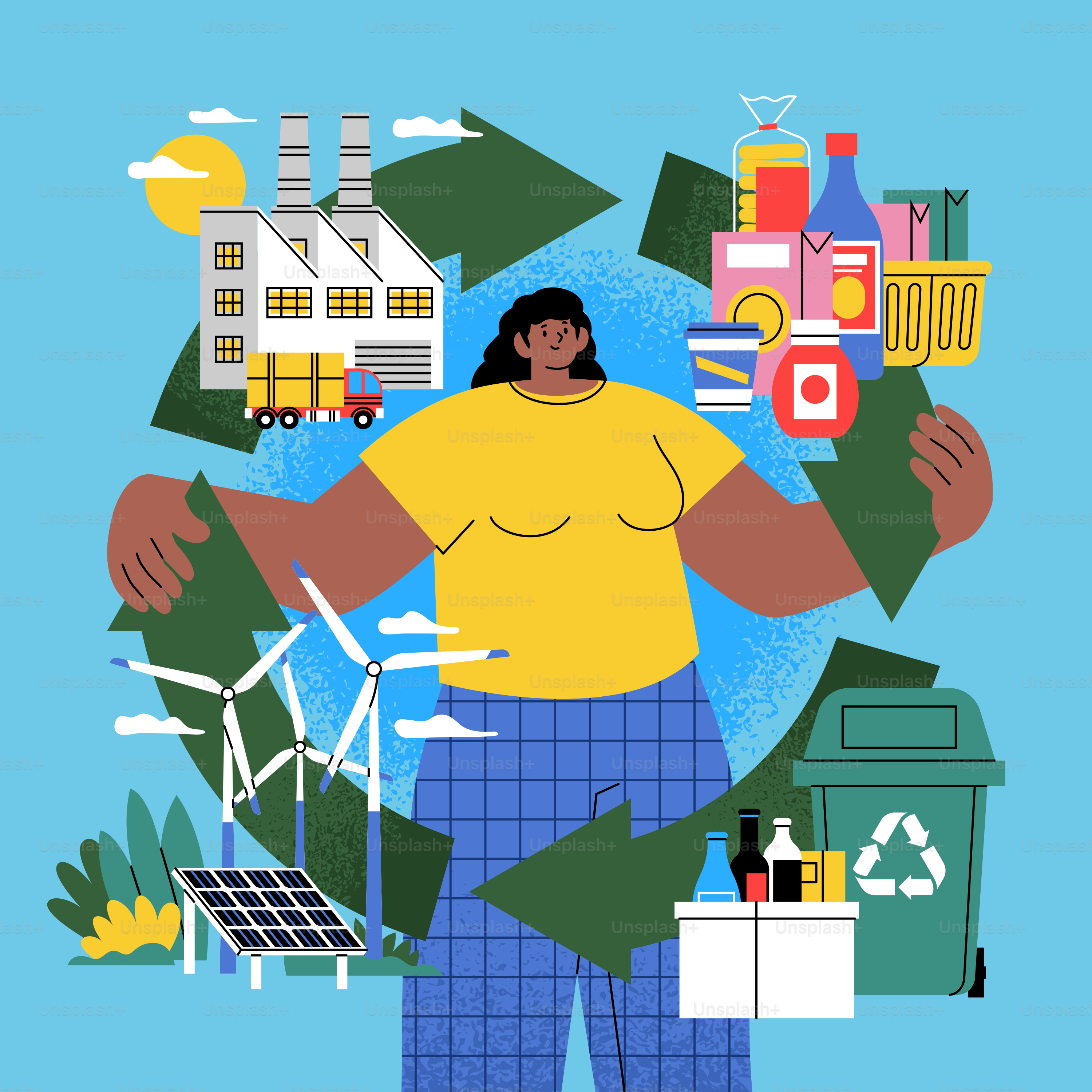 Woman surrounded by recycling symbols and sustainable energy sources.