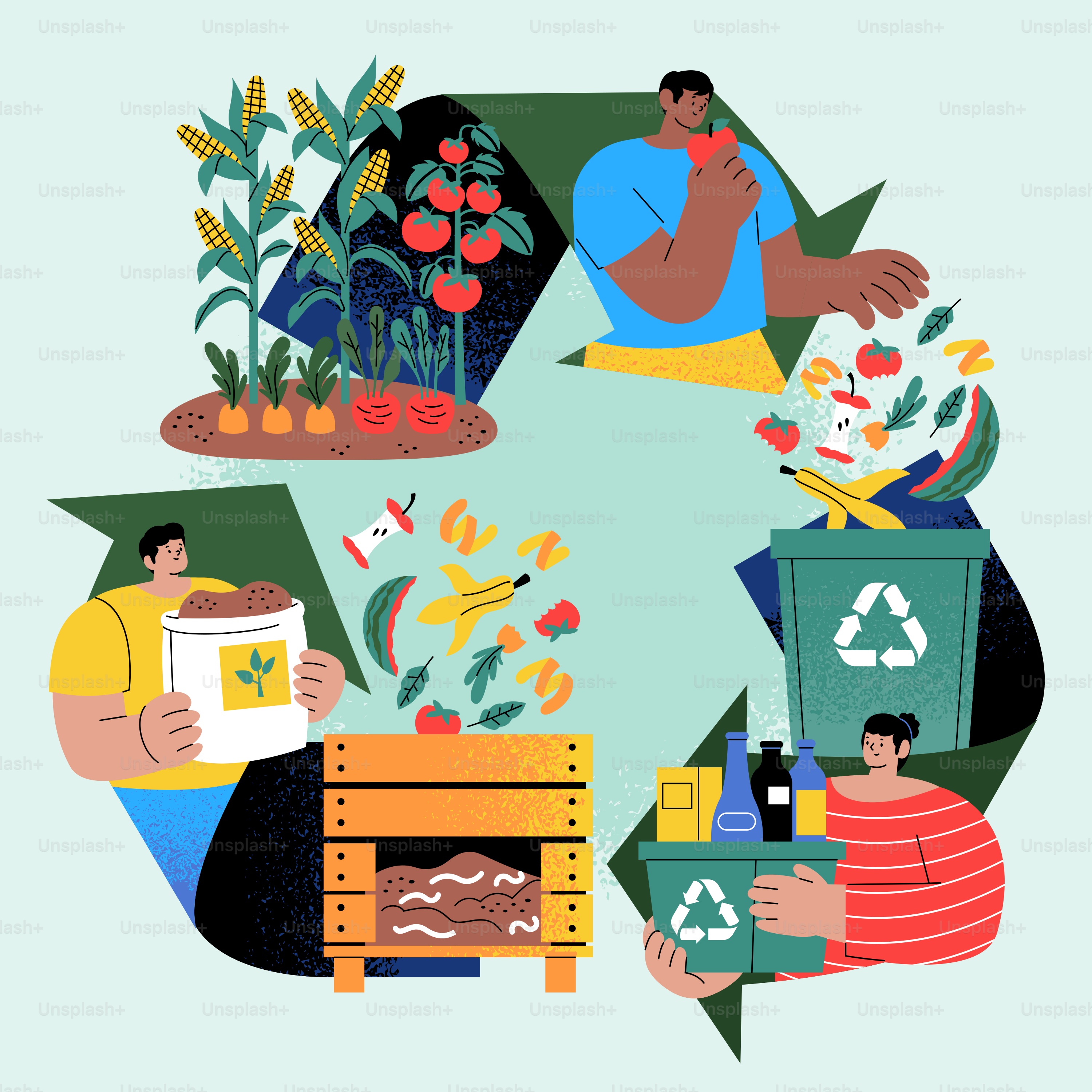 Pessoas compostando restos de comida e reciclando materiais