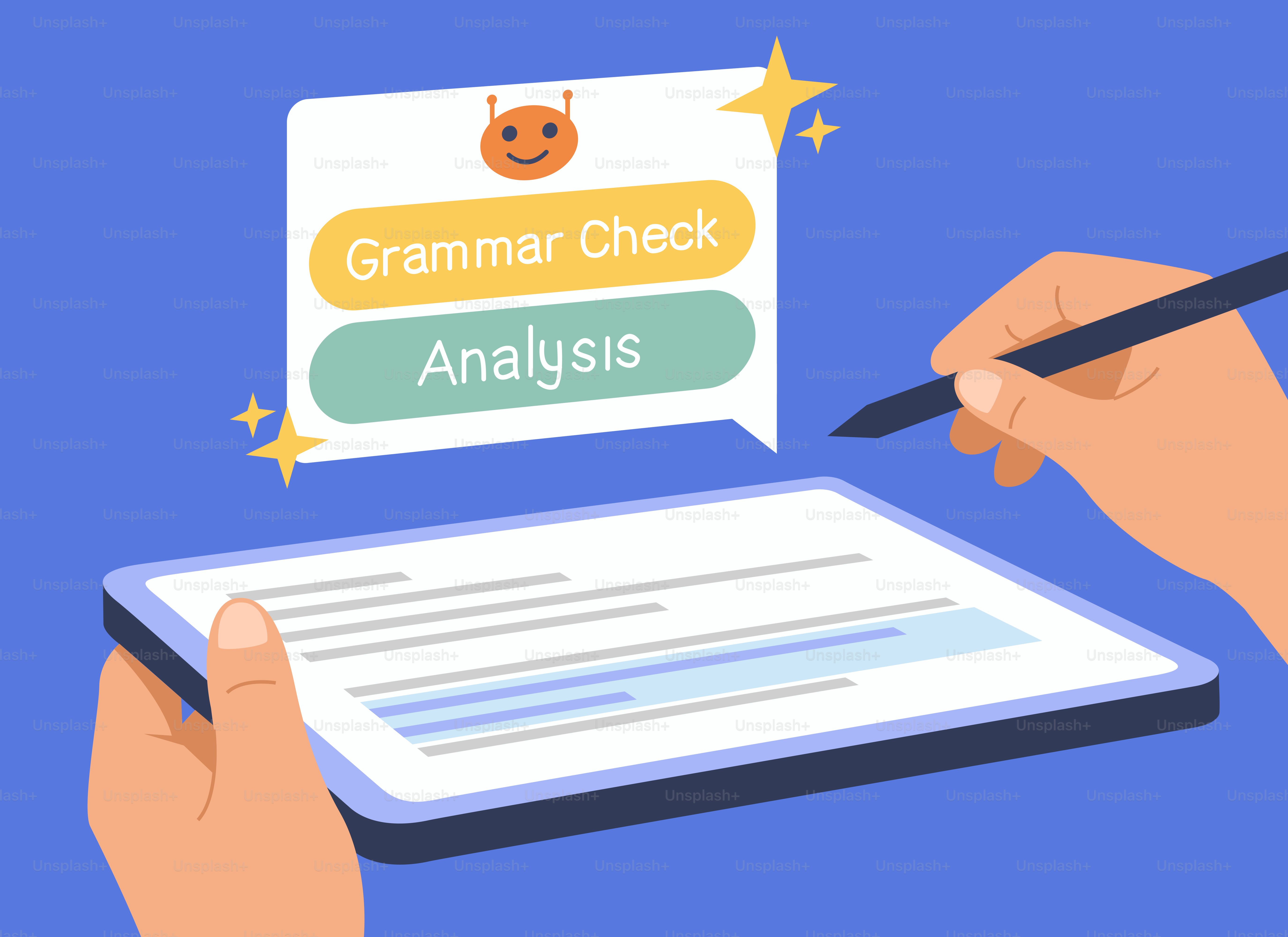 Mani che usano il tablet per la correzione grammaticale e l'analisi.