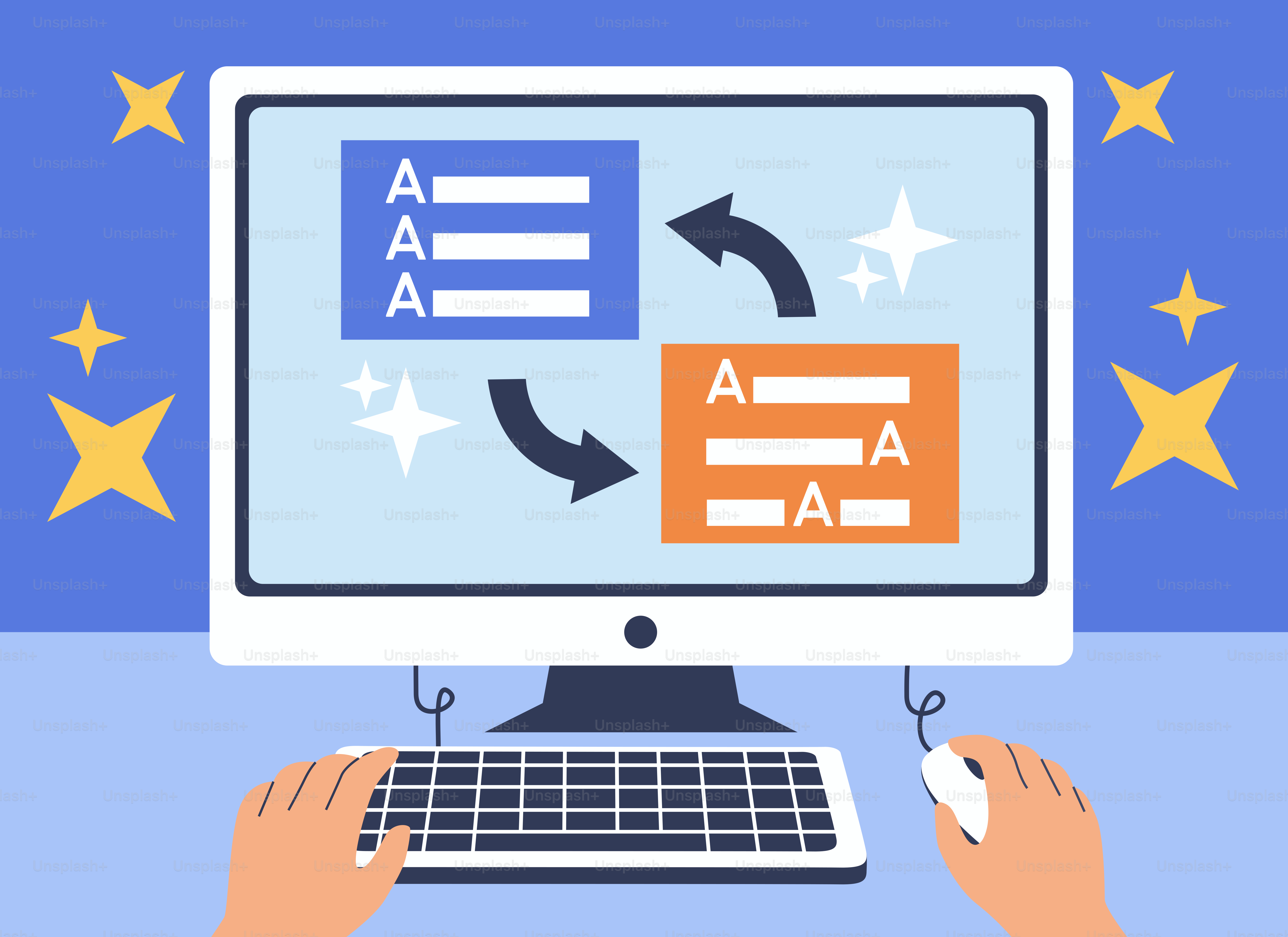 Schermo del computer che mostra la traduzione del testo con frecce.