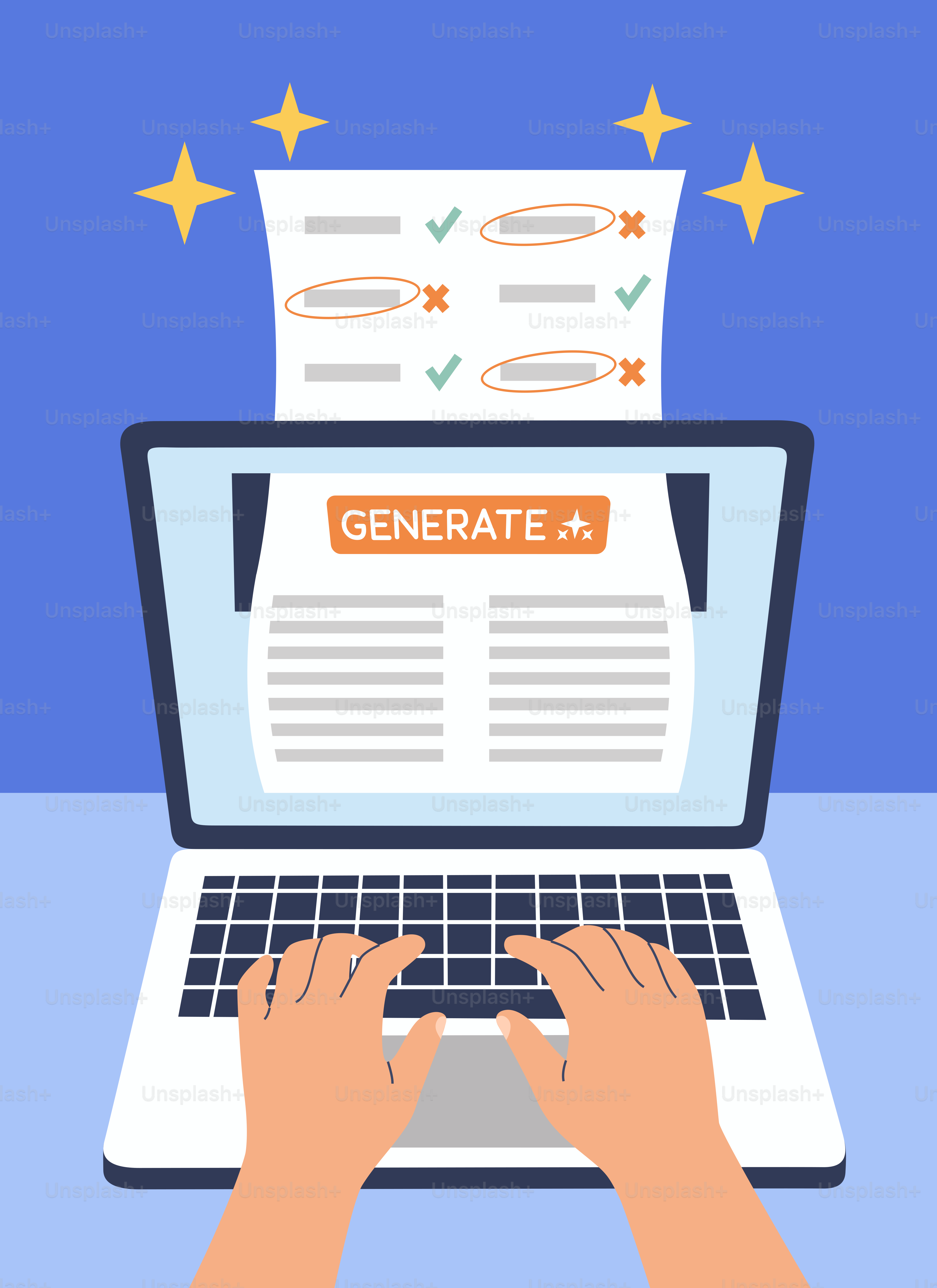 Mani che digitano su un portatile con un pulsante di generazione.