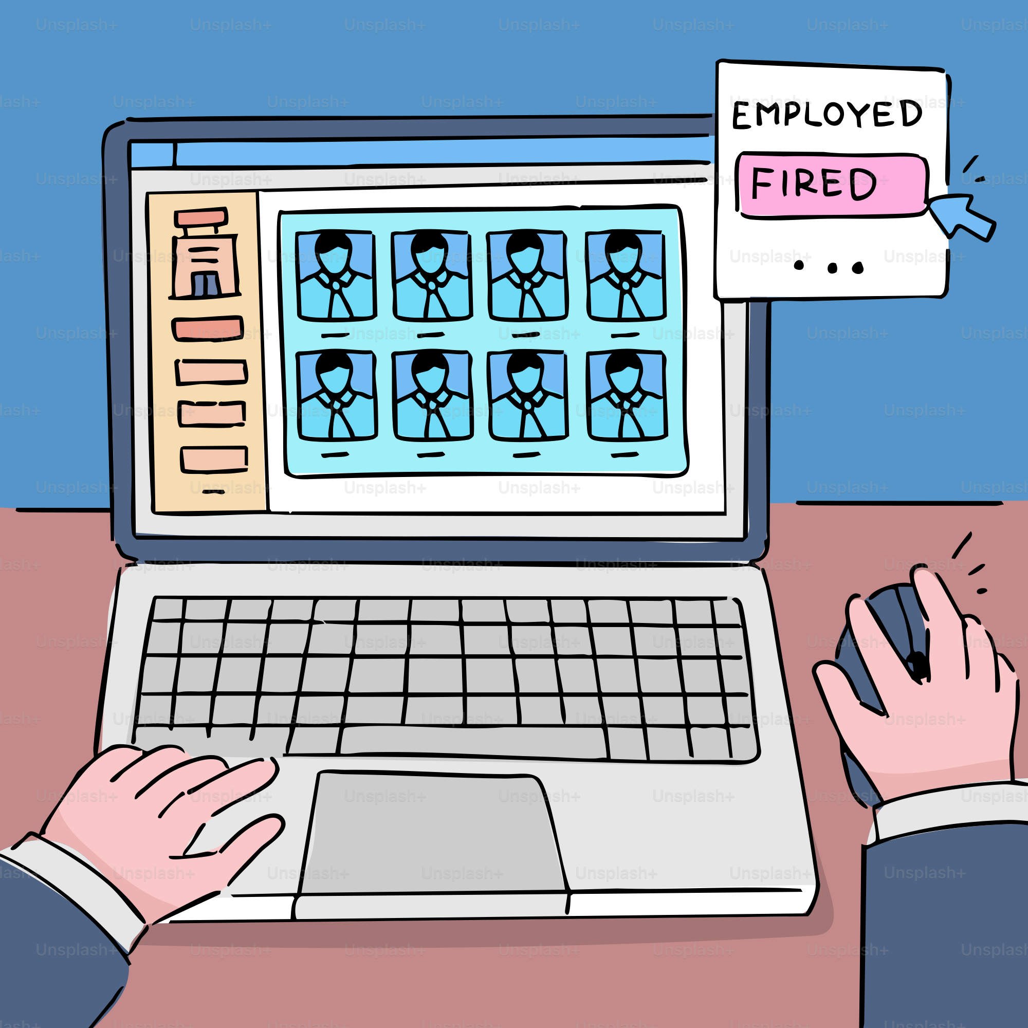 Computer screen shows employees being fired.