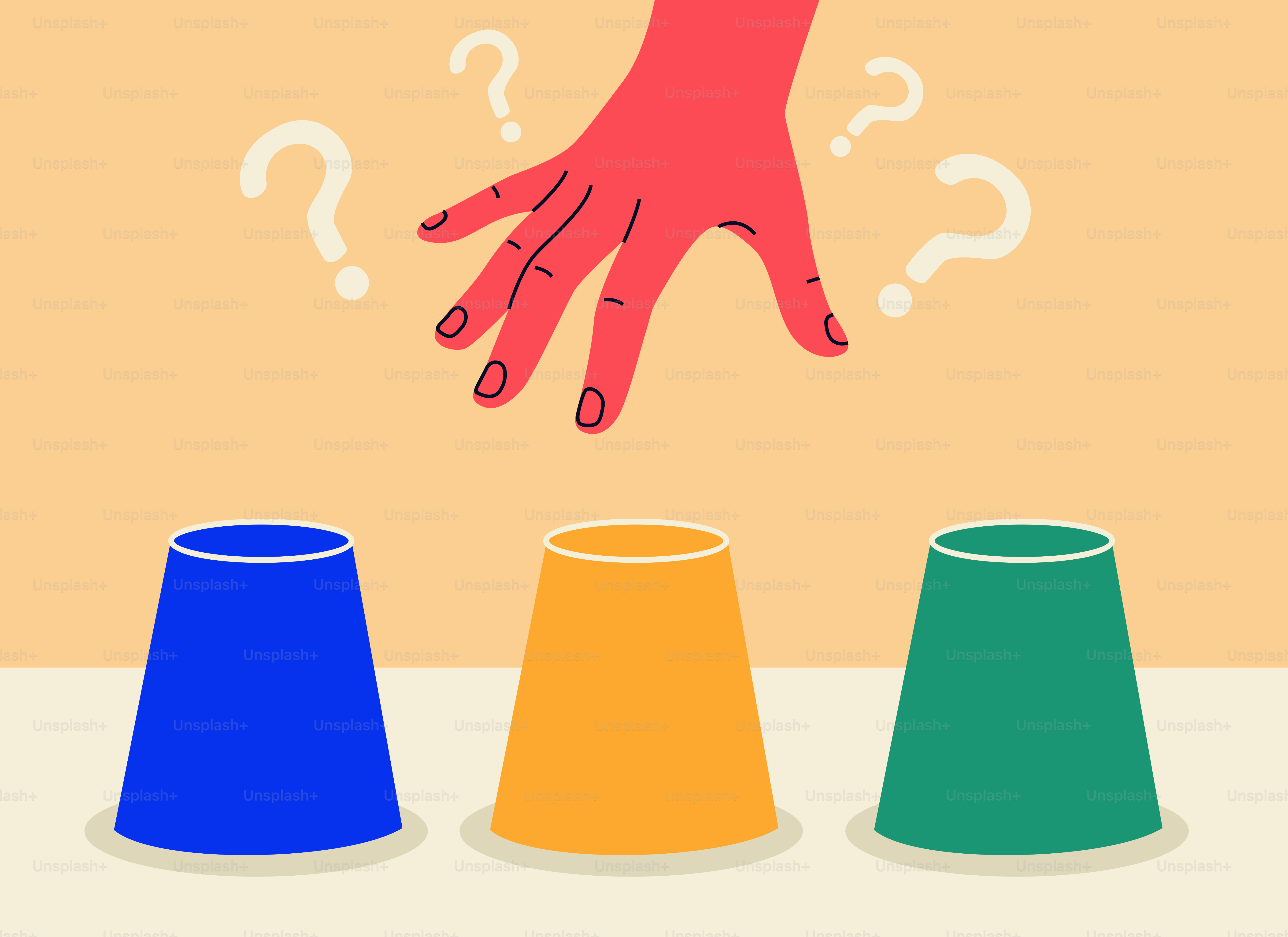 Mano sospesa sopra tre tazze colorate con punti interrogativi.