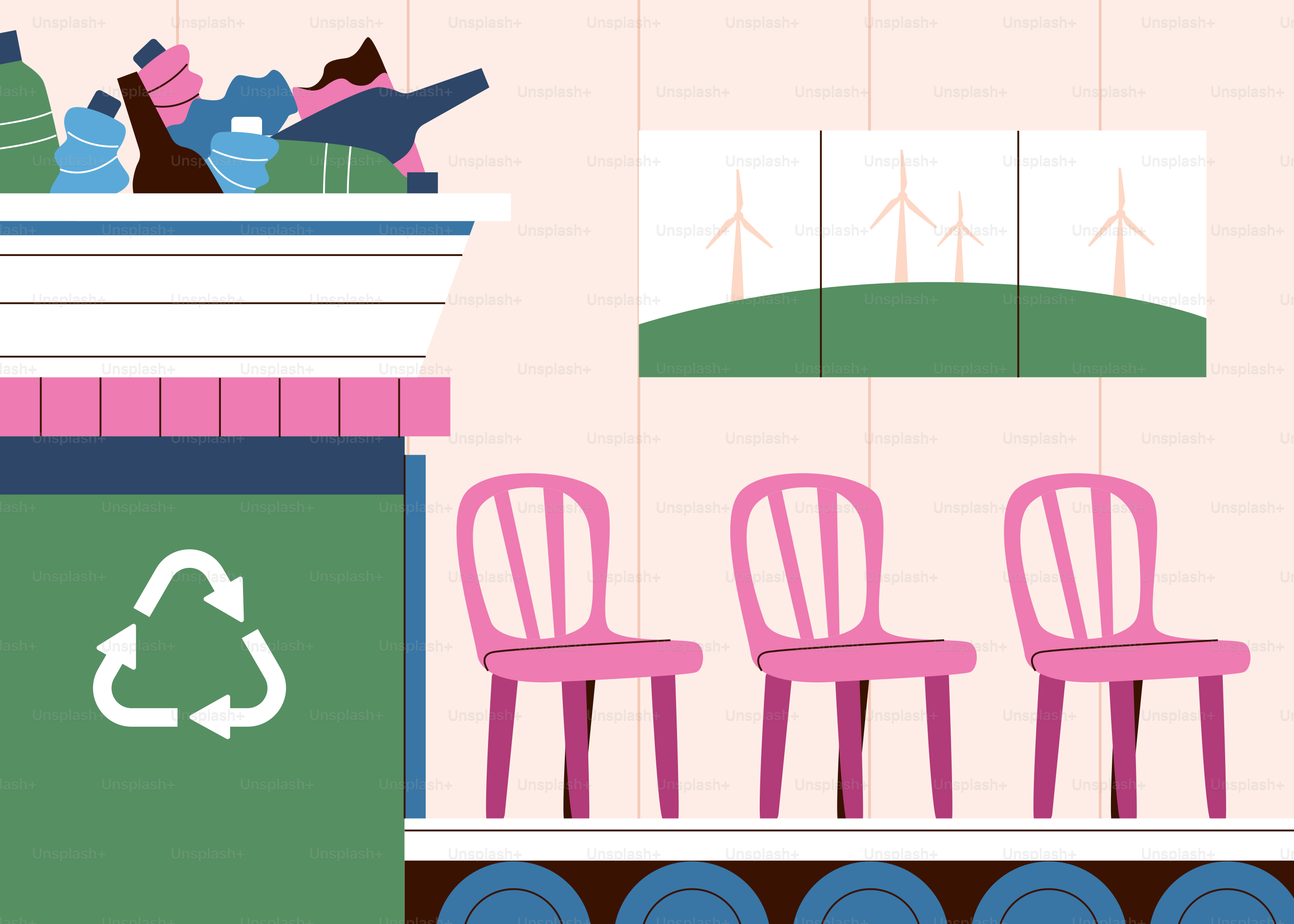 Recycling bin with bottles and chairs in room