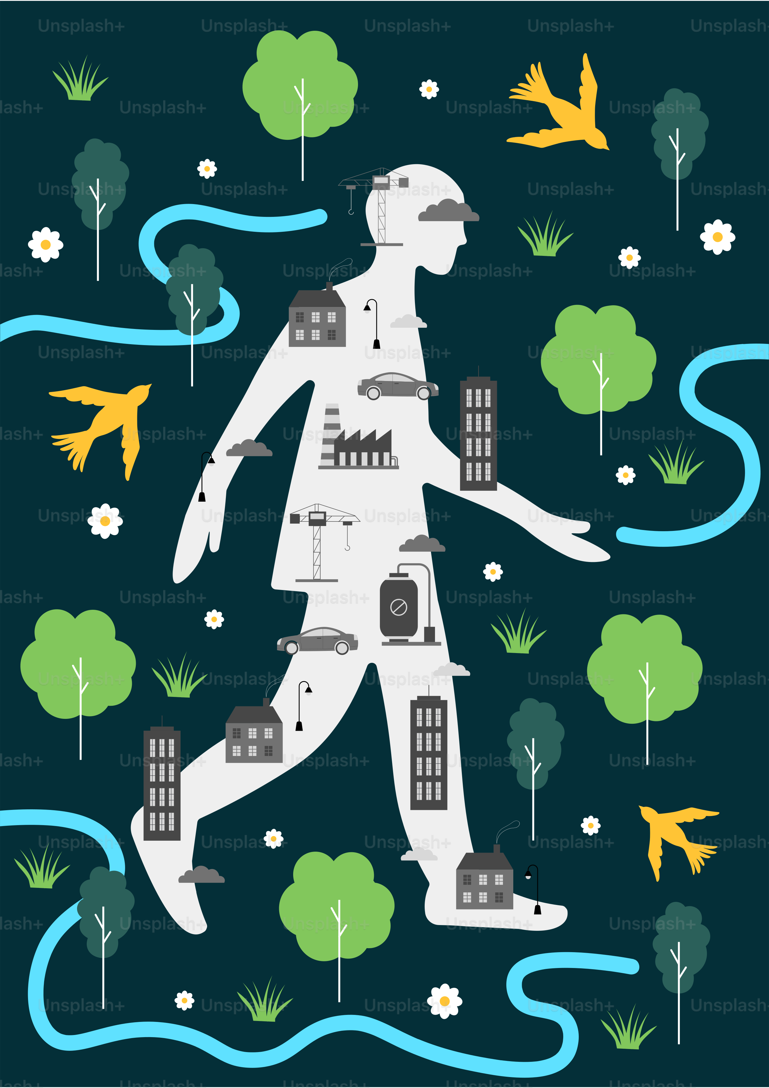 Menschliche Silhouette, gefüllt mit Stadtgebäuden und Naturelementen