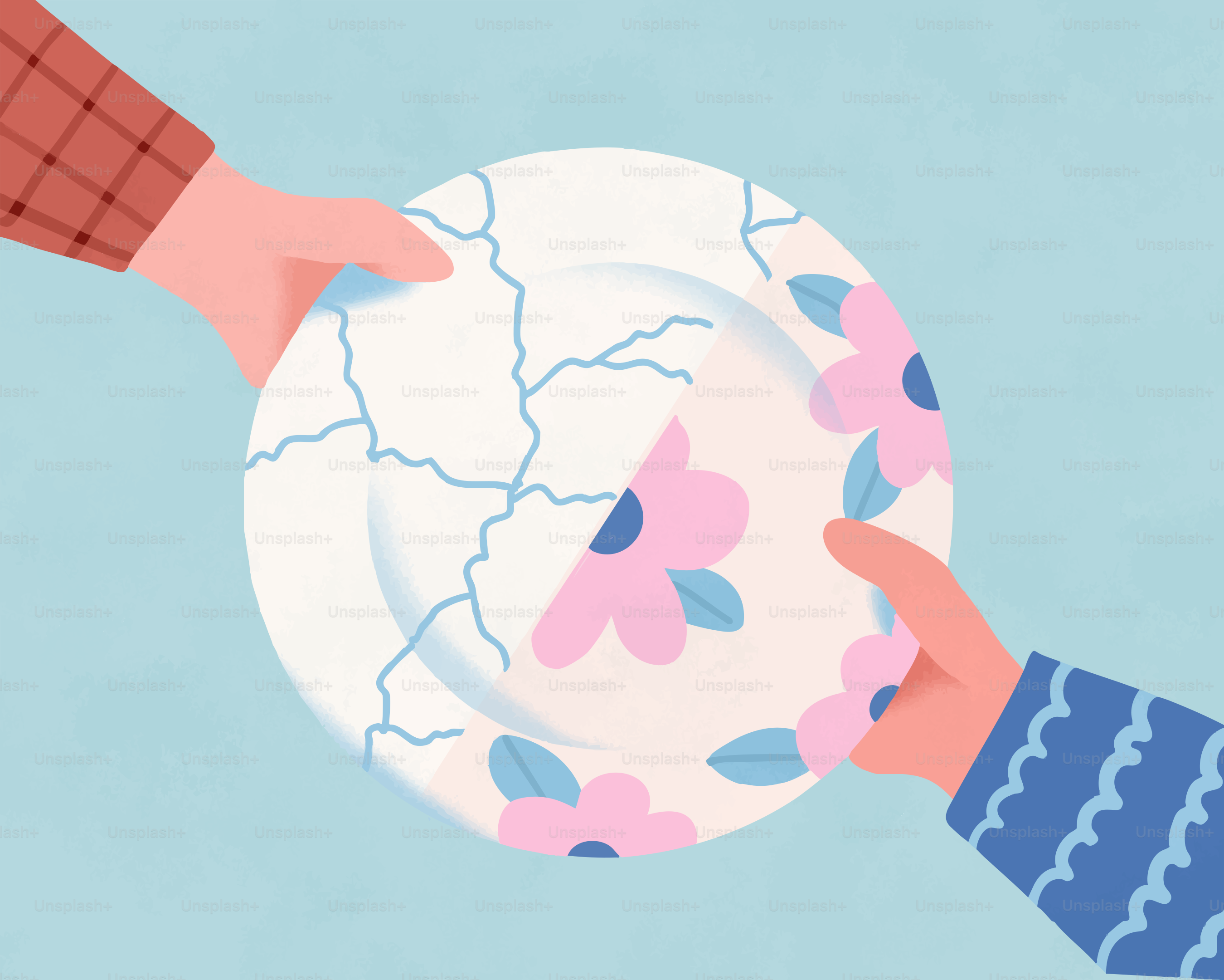 Zwei Hände, die einen zerbrochenen Teller mit Blumen halten