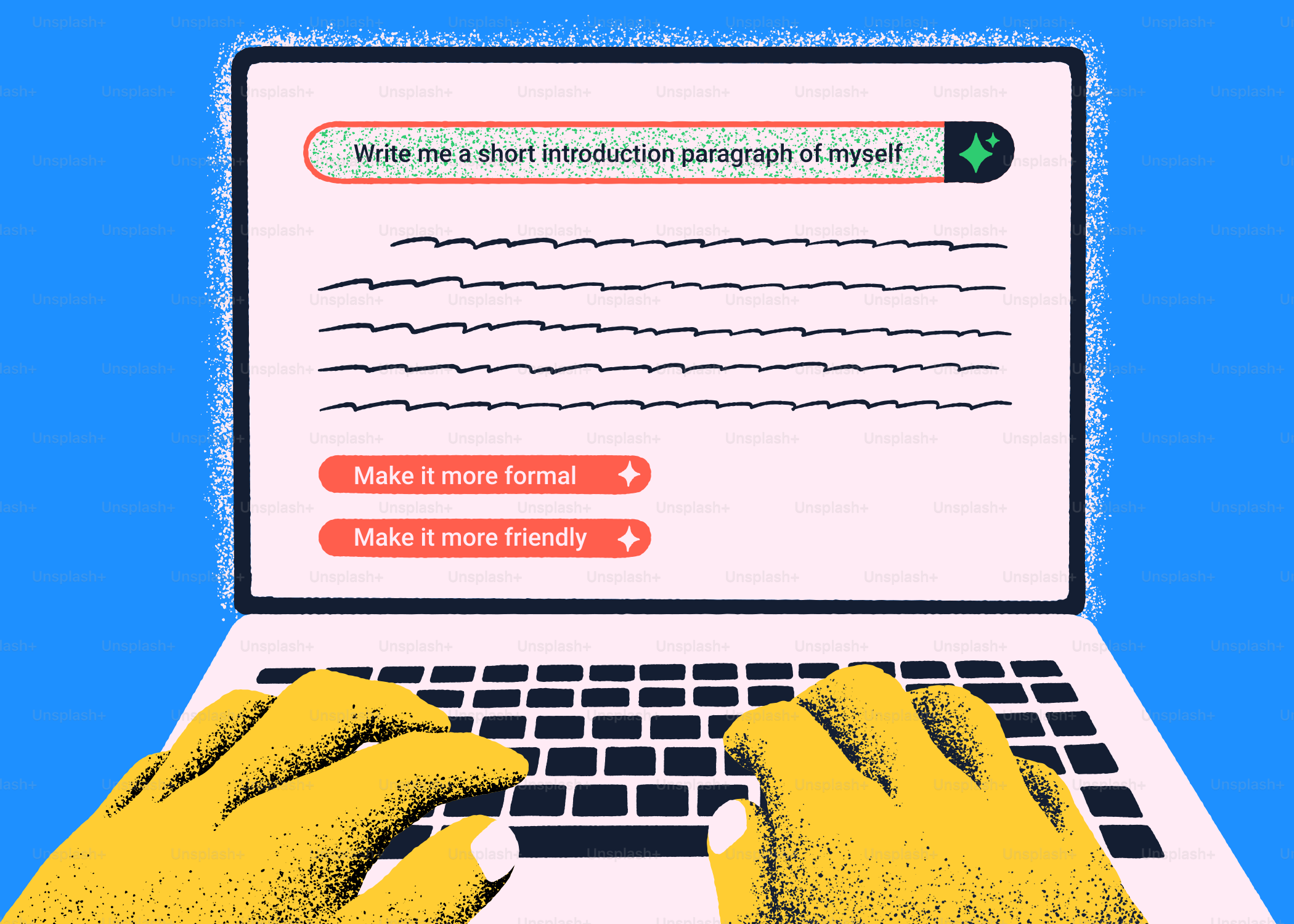 Mains en train de taper sur un ordinateur portable avec une consigne d’écriture IA.