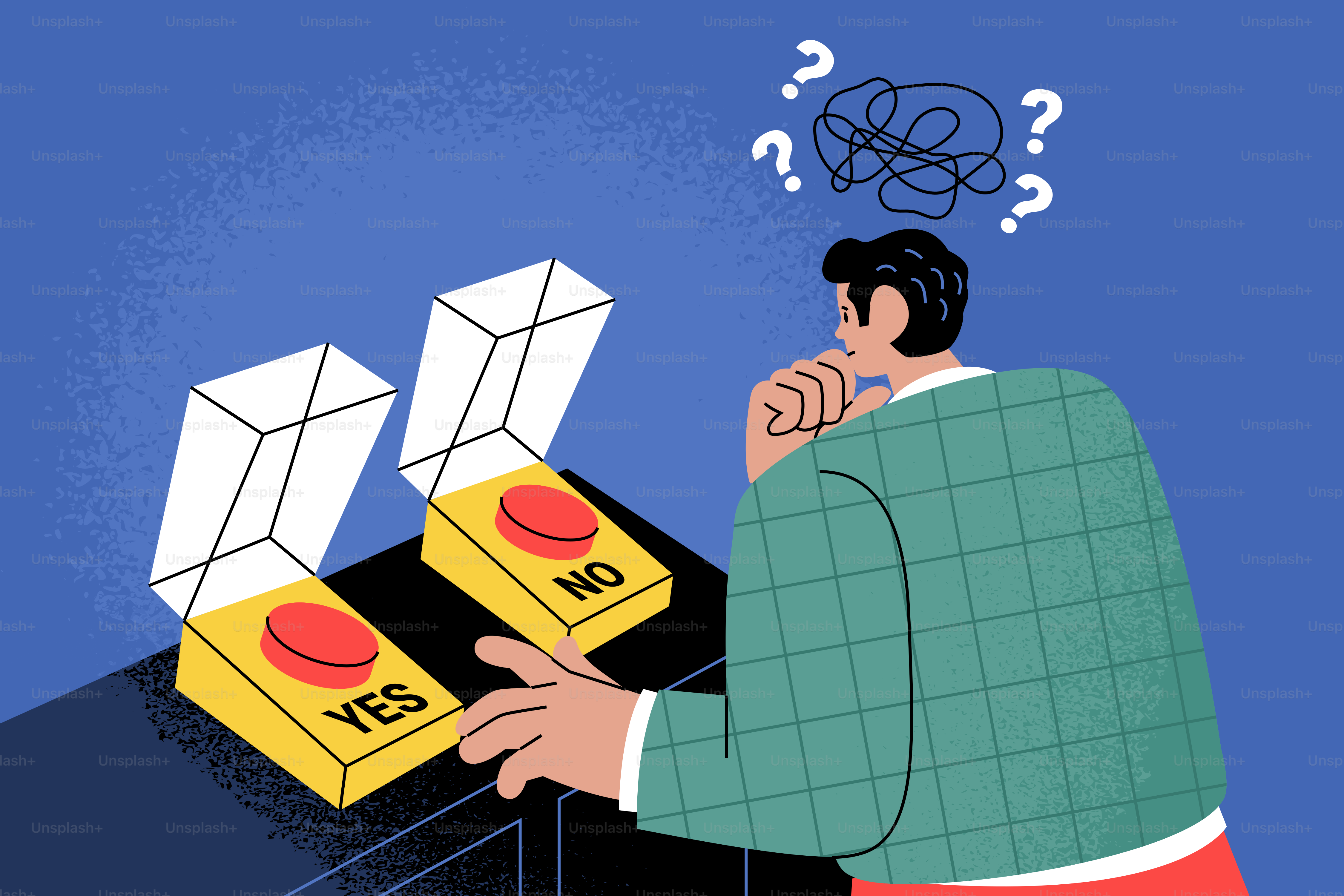 Homem pensando em escolher entre dois botões rotulados sim e não.