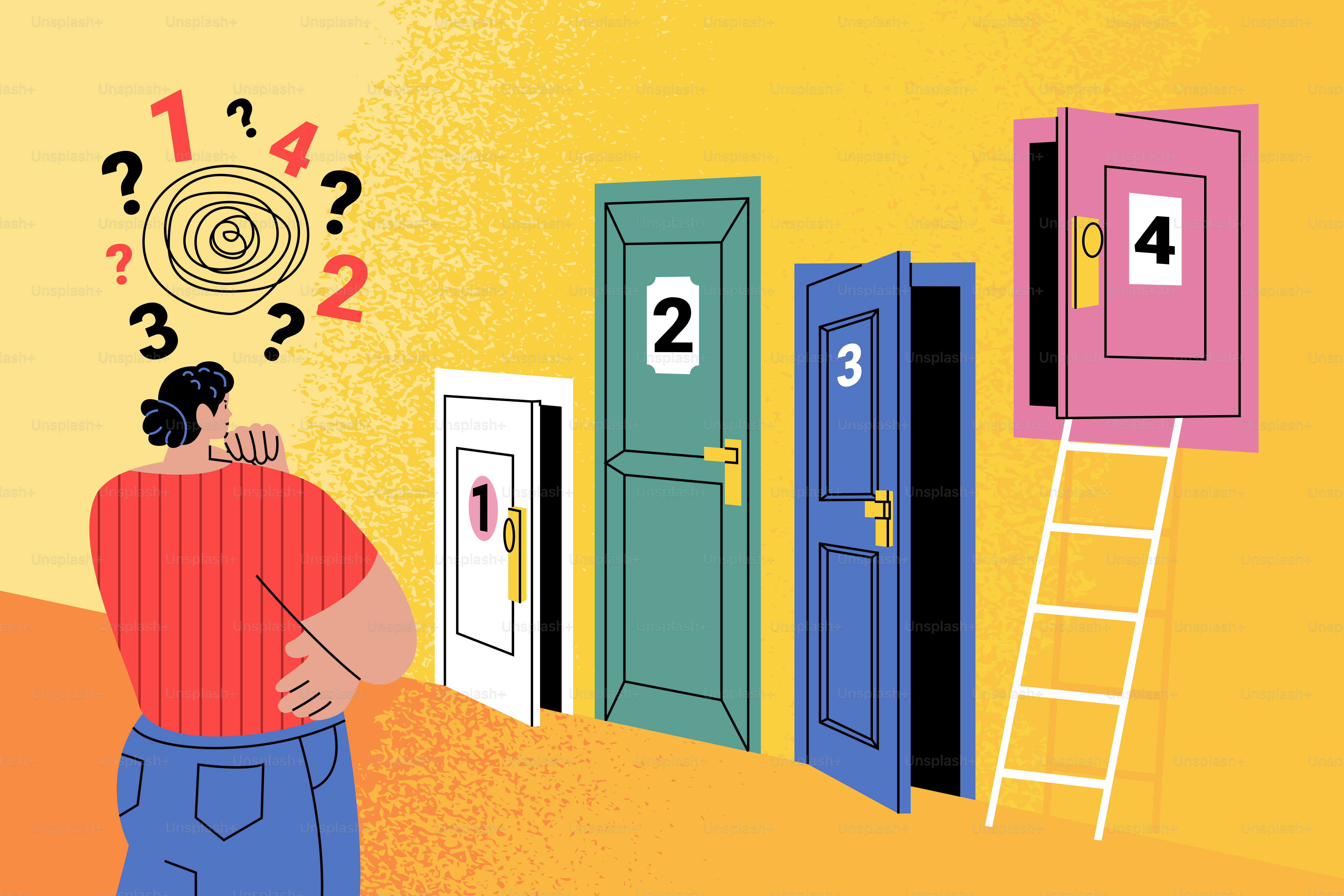 Pessoa contemplando múltiplas portas com números e pontos de interrogação.