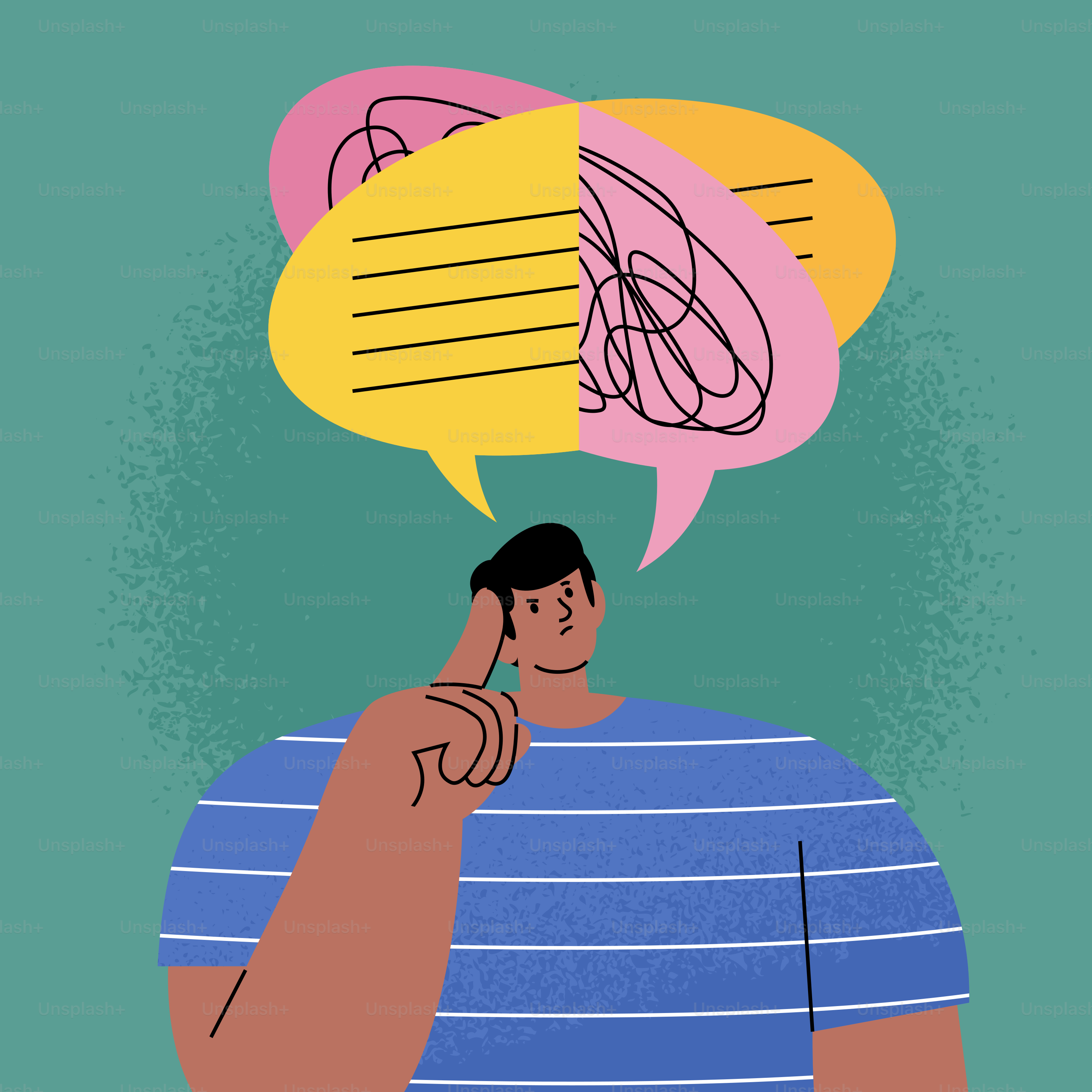 Homem pensando com pensamentos embaralhados em balões de fala.