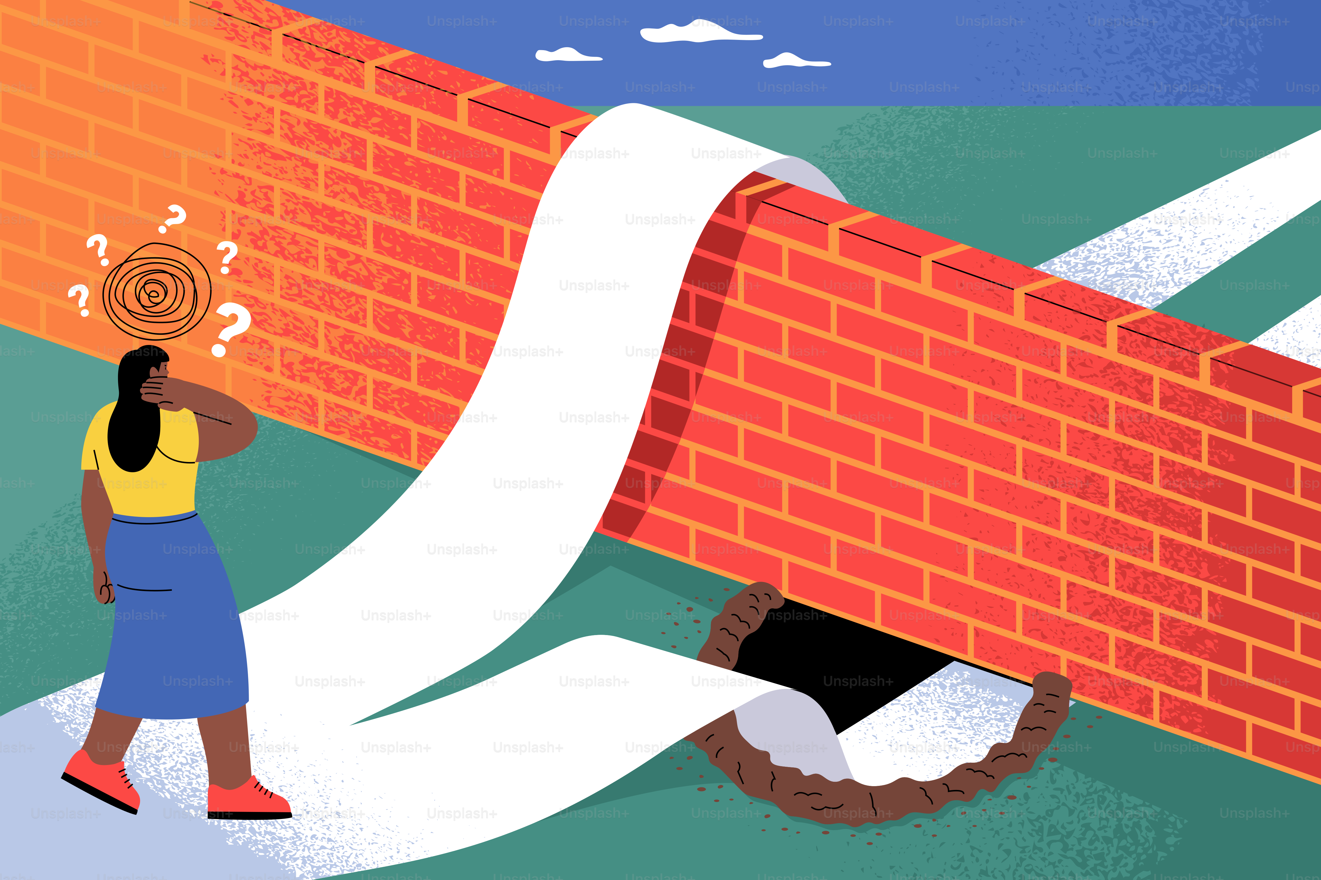 Woman looking at a long scroll falling through brick wall.