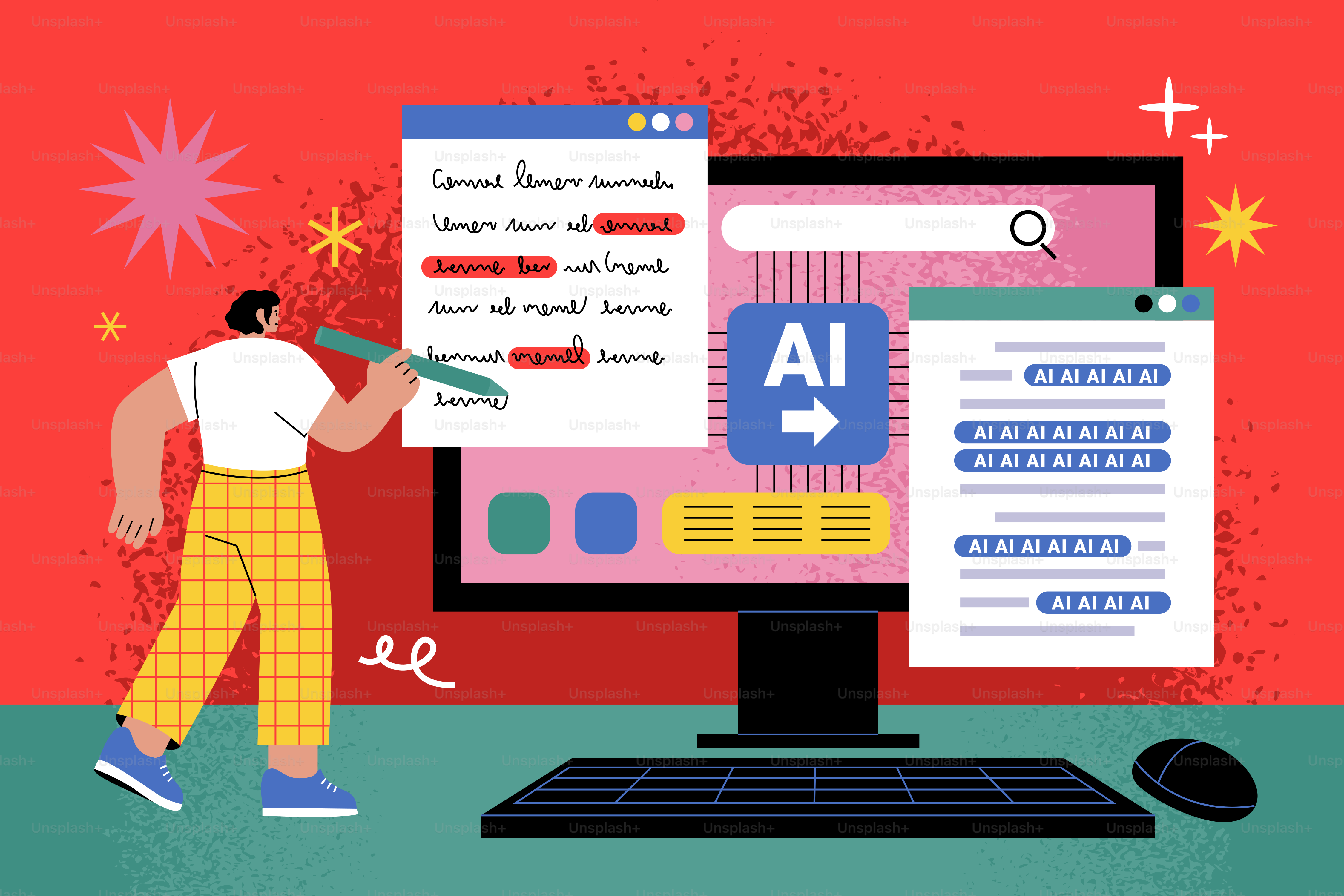 Persona che modifica testo su un computer con interfaccia AI.