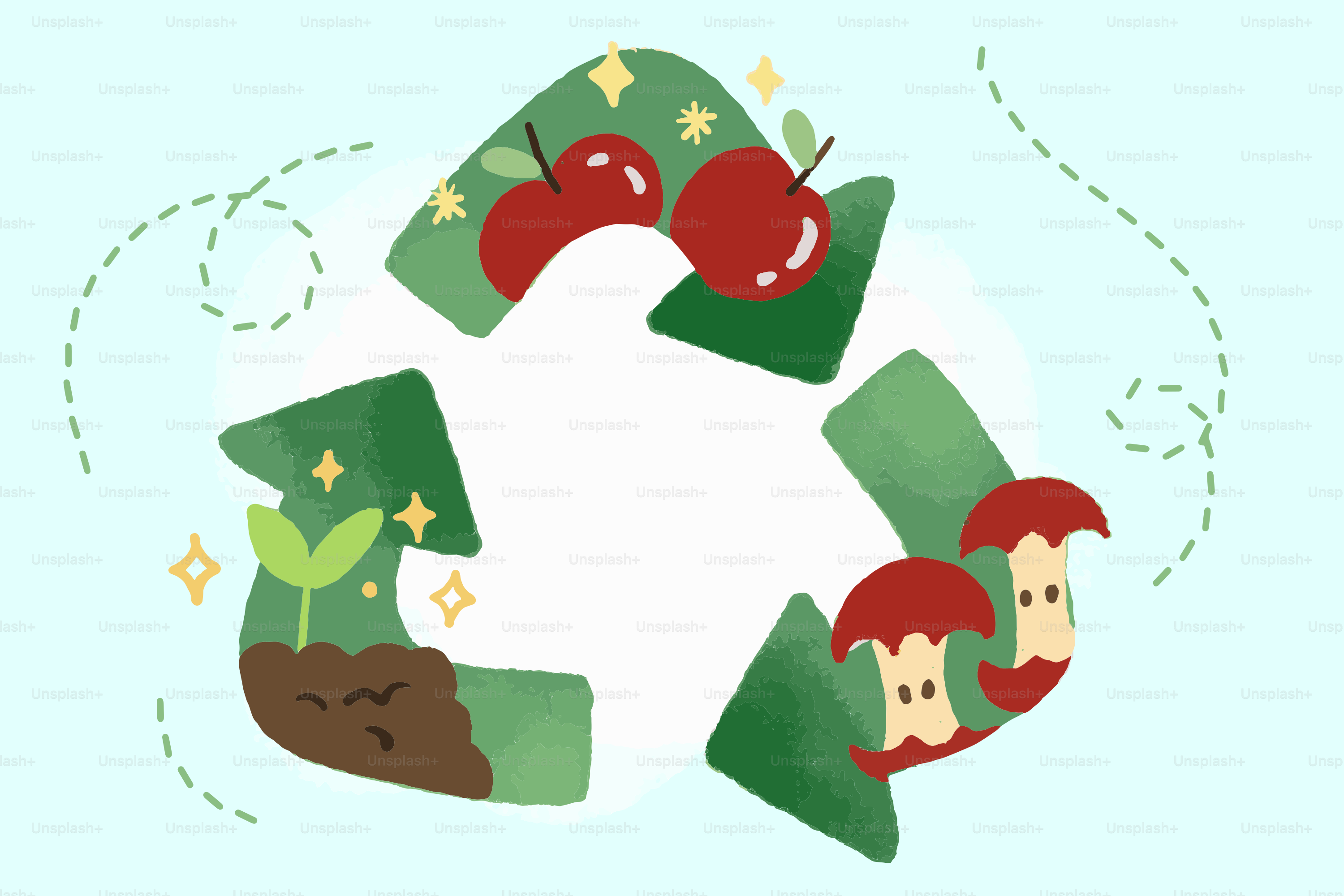 Símbolo de reciclagem com maçãs e crescimento de plantas
