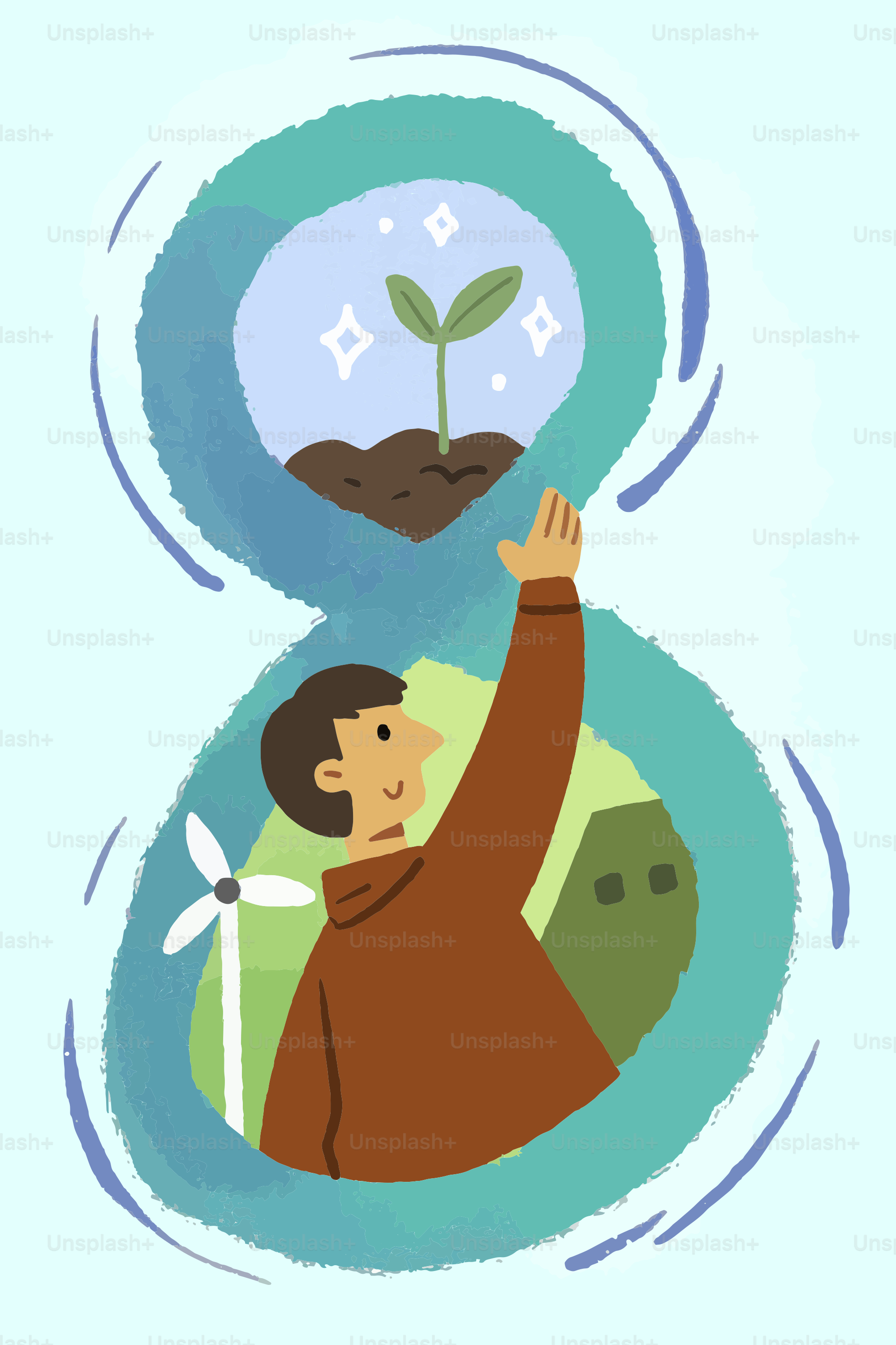 Man reaching for a growing plant with wind turbine