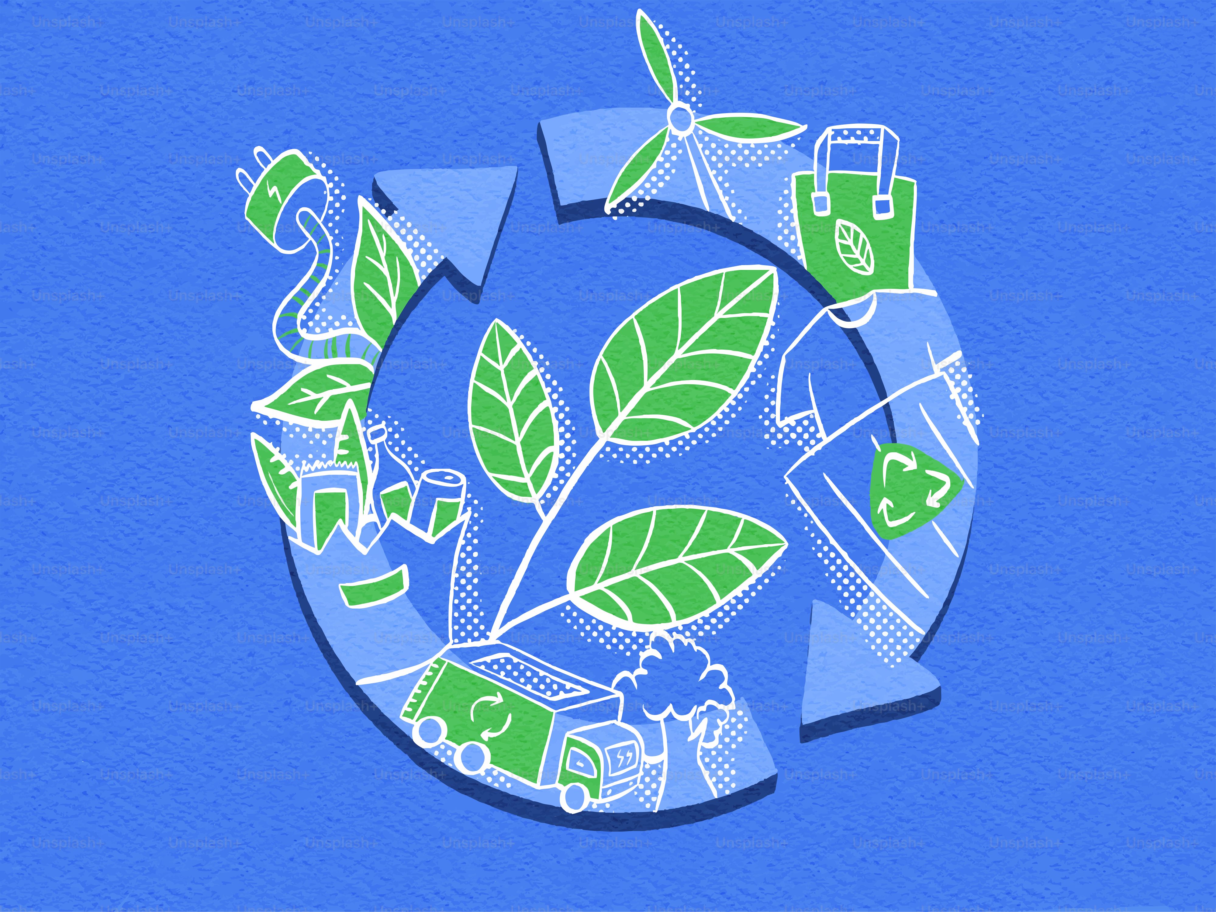 Simbolo del riciclo con energia verde e articoli ecologici