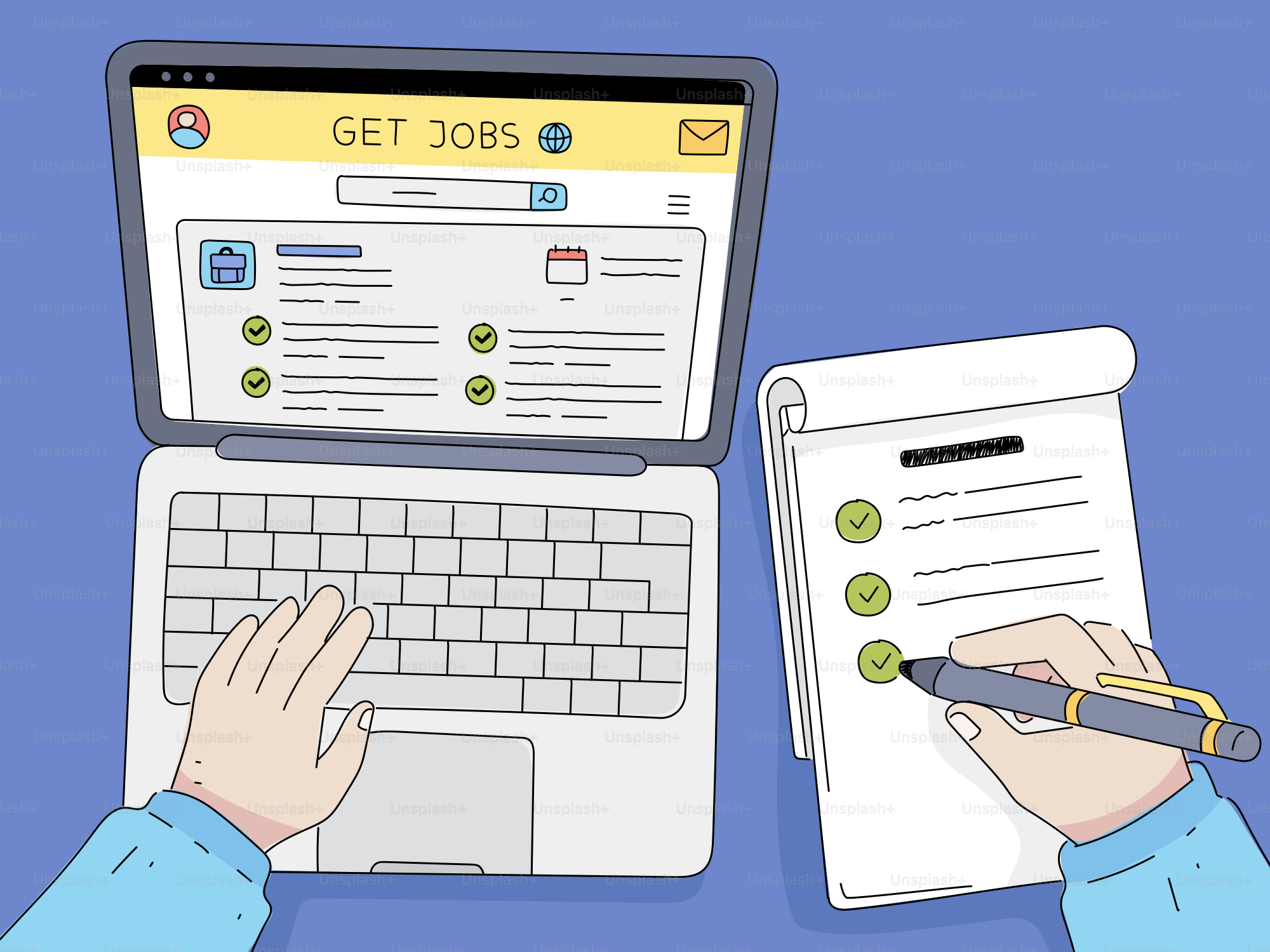 Persona che cerca lavoro online e prende appunti.