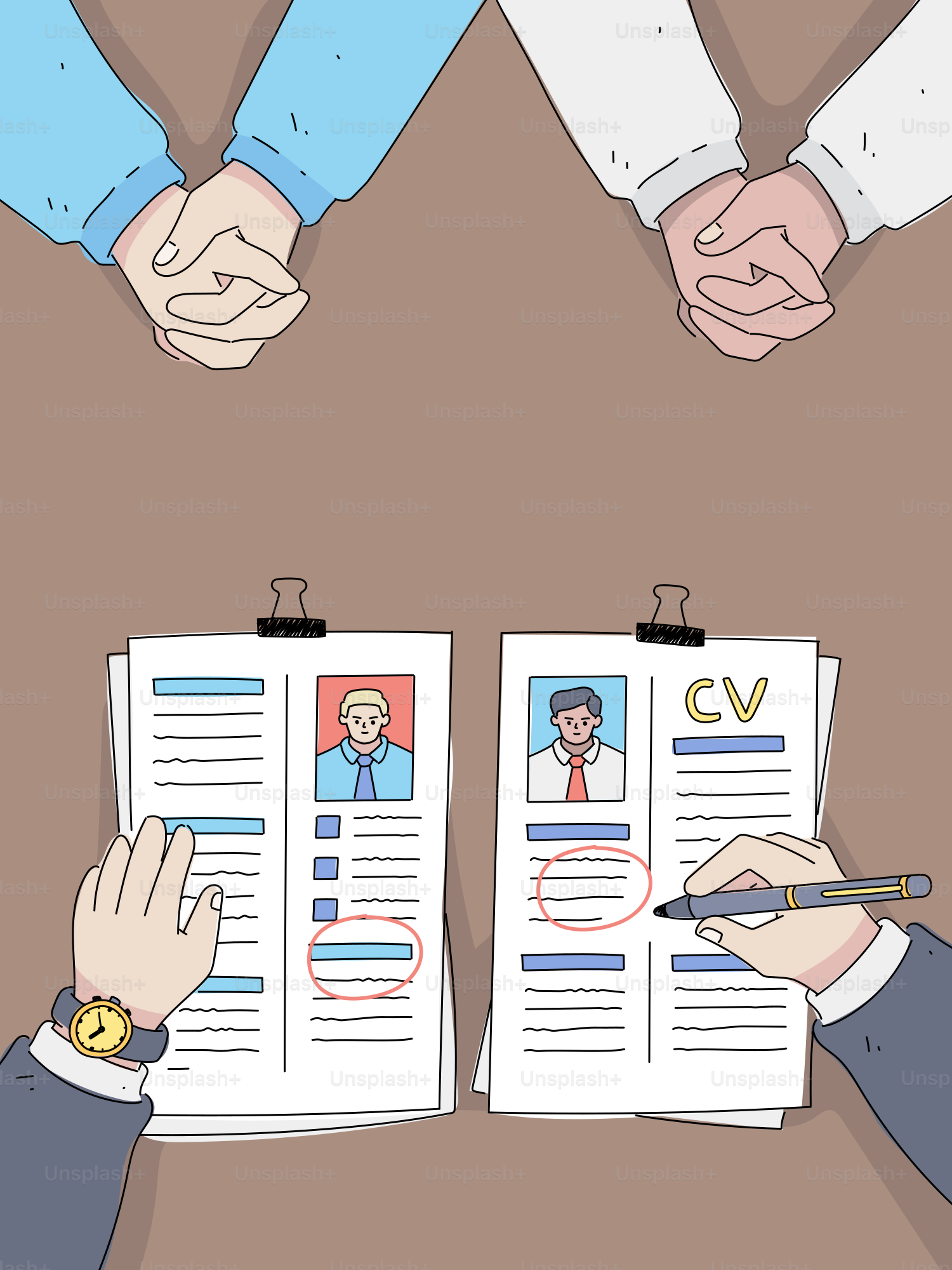 Due persone intervistate con curriculum sul tavolo.