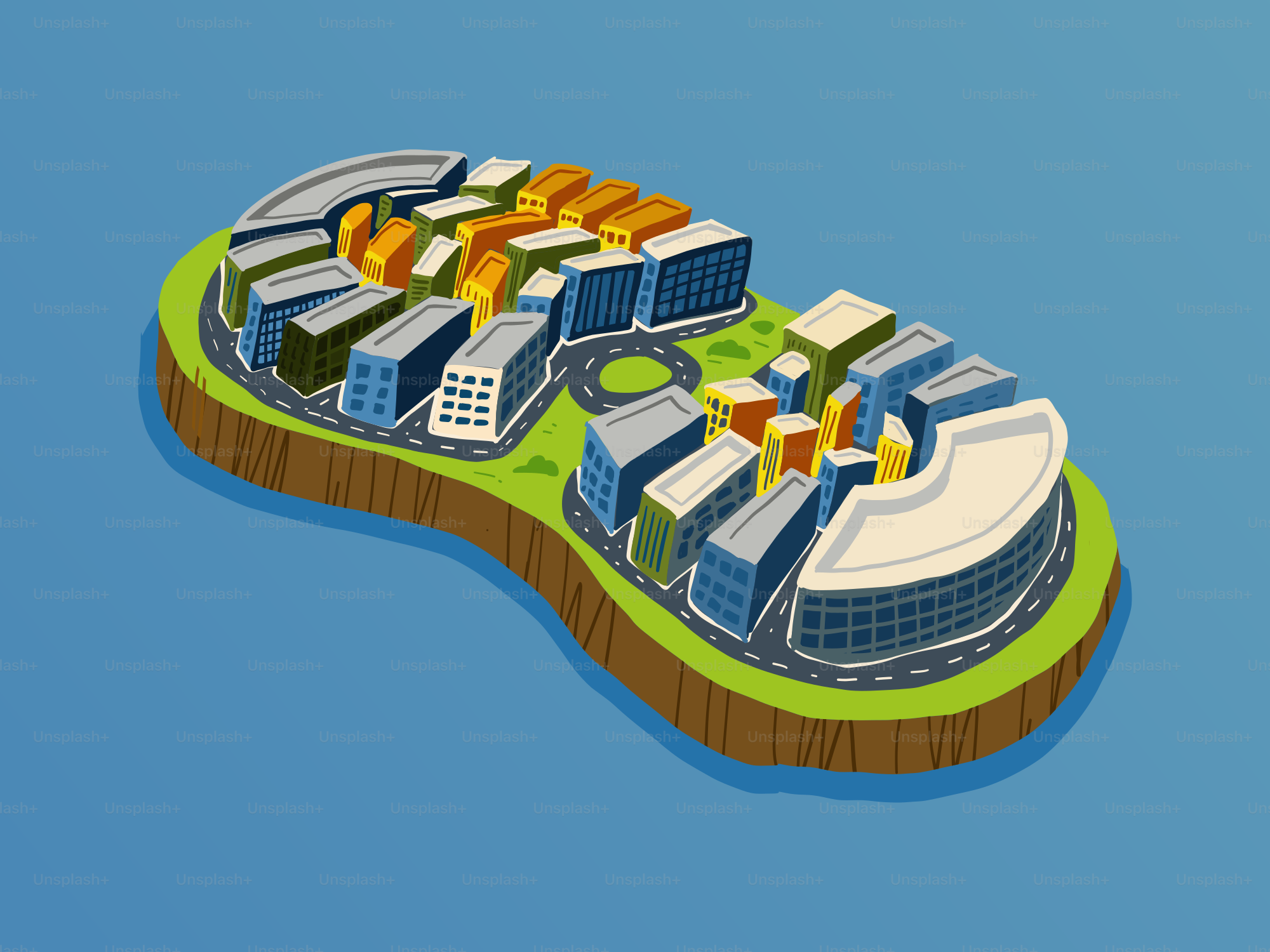 Edificios de la ciudad en una isla con forma de zapato