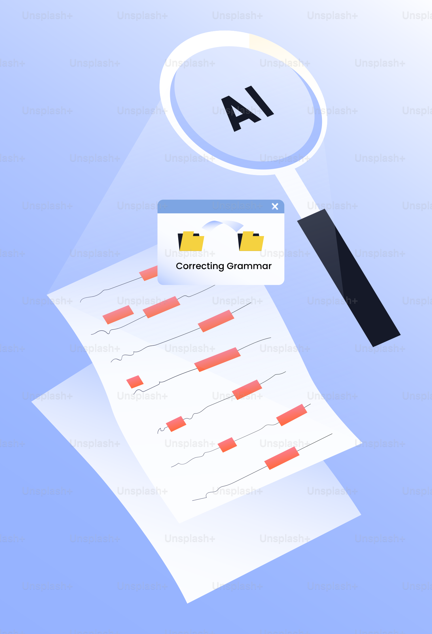 Loupe au-dessus d’un document avec fenêtre de correction grammaticale.