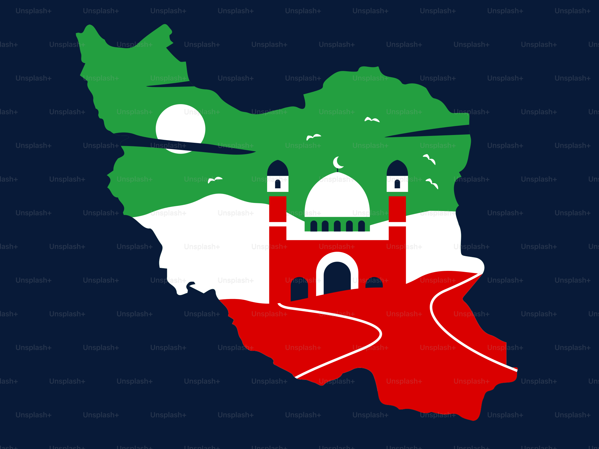 Map of iran with mosque and flag colors