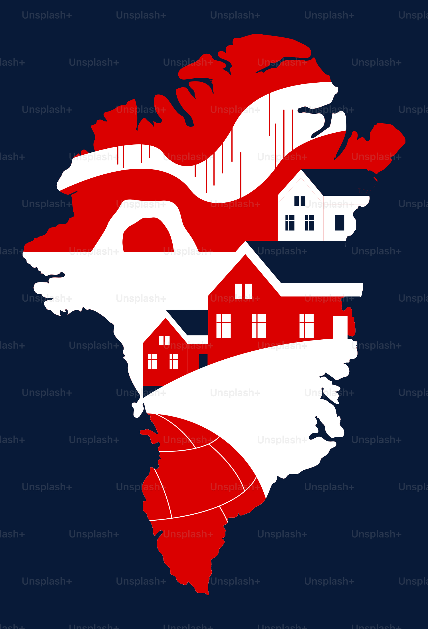 Mapa de Groenlandia con bandera danesa y casas