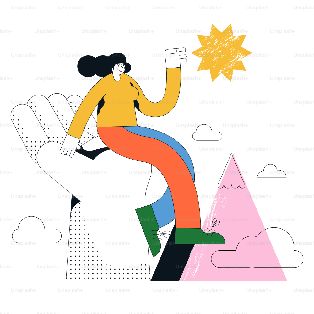 Woman rides giant hand towards a star.