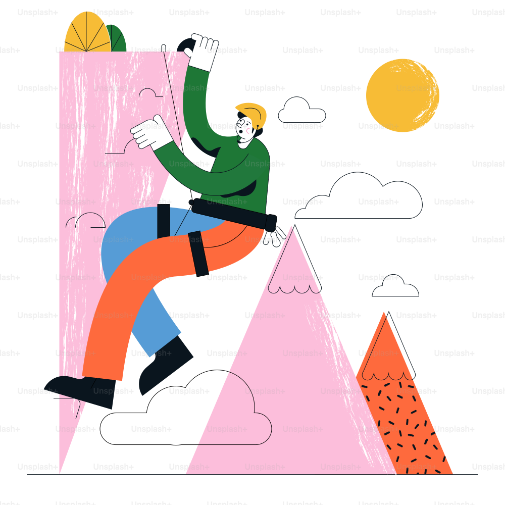 ピンク色の岩壁に登る男